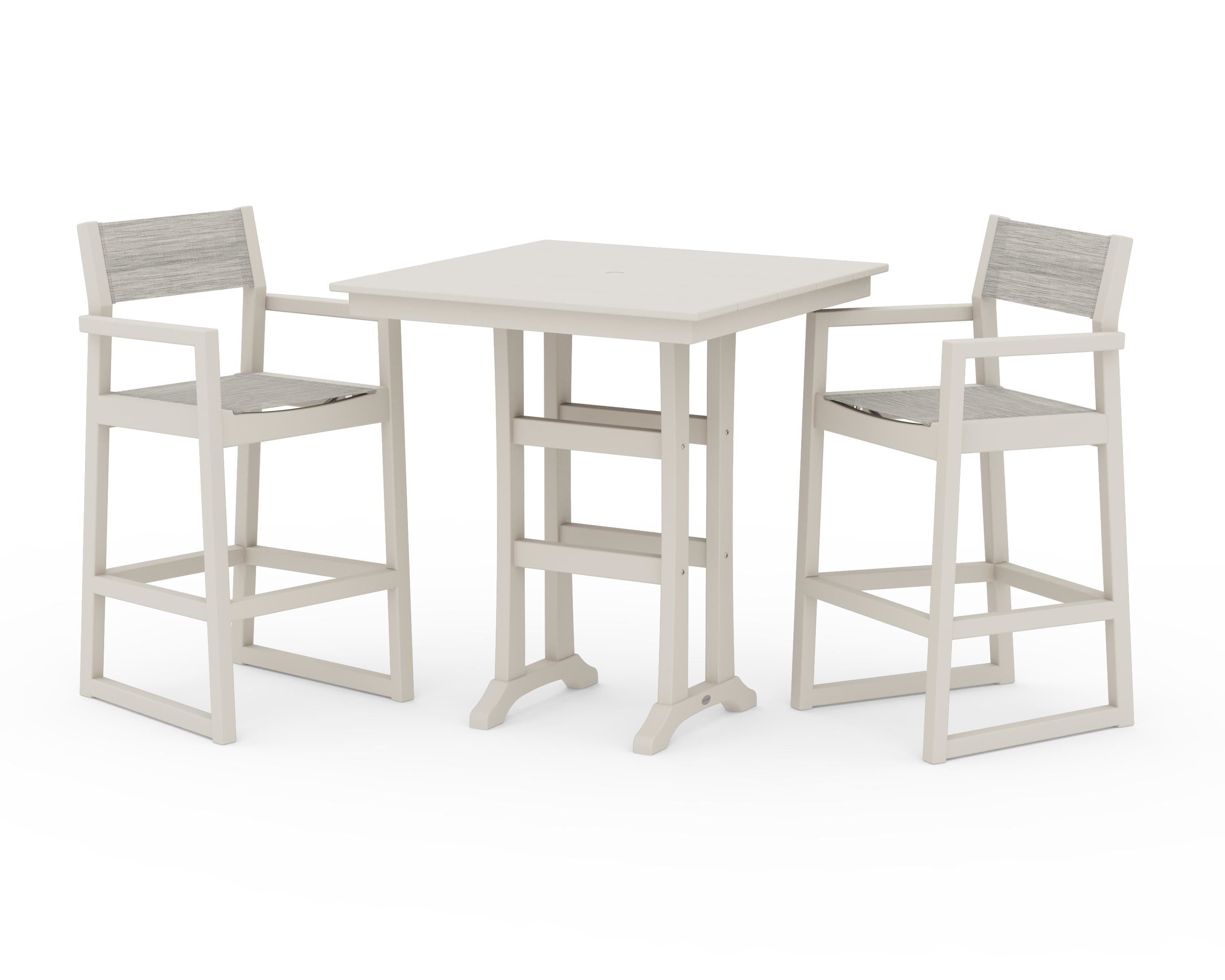 POLYWOOD EDGE Sling Arm Chair 3-Piece Farmhouse Bar Set with Trestle Legs in Sand / Birch Sling
