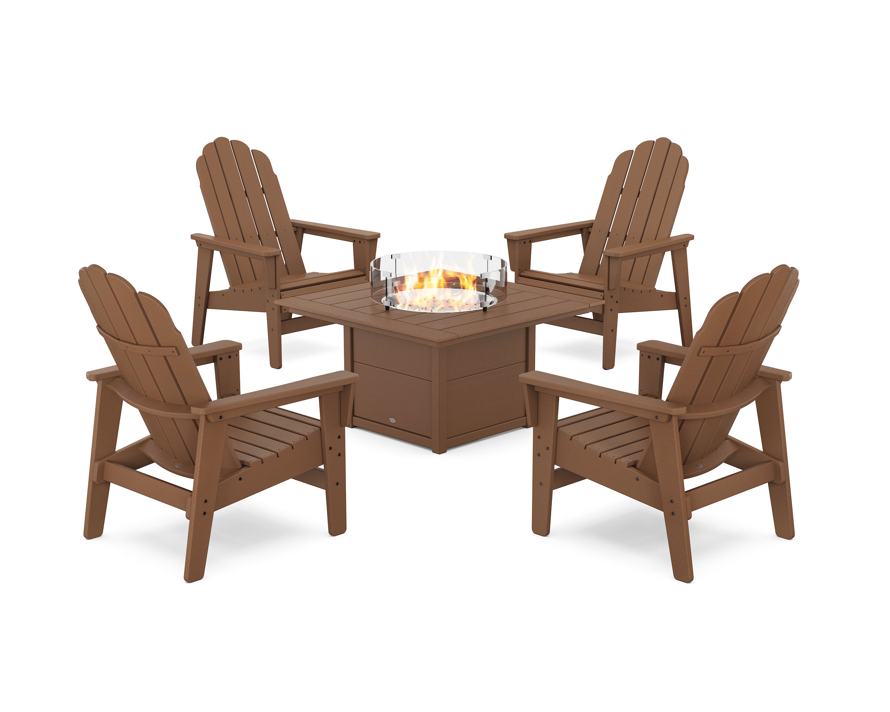 POLYWOOD 5-Piece Vineyard Grand Upright Adirondack Conversation Set with Fire Pit Table in Teak