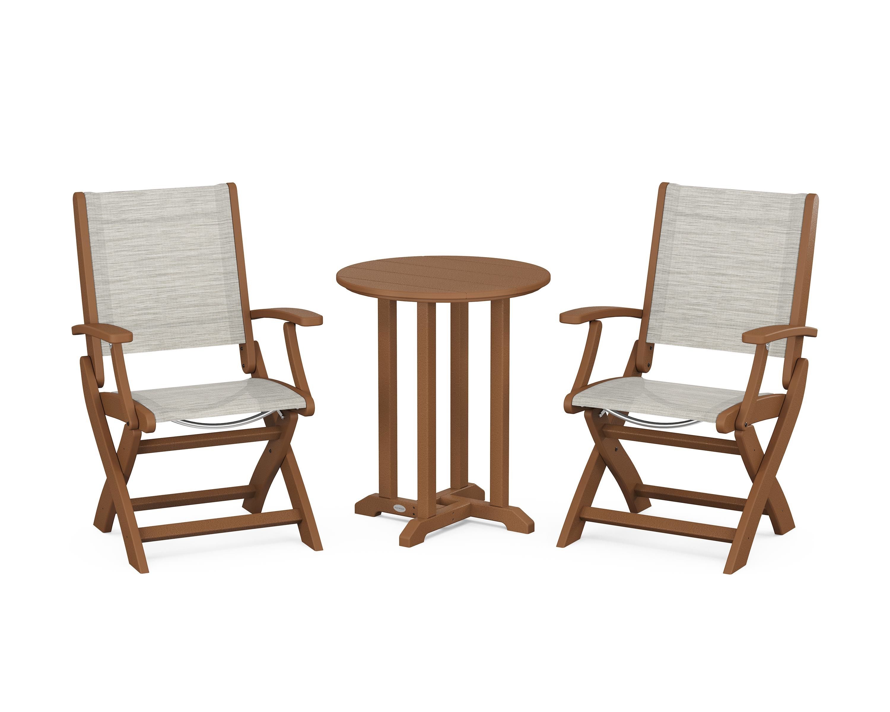 POLYWOOD Coastal Folding 3-Piece Round Bistro Dining Set in Teak / Birch Sling