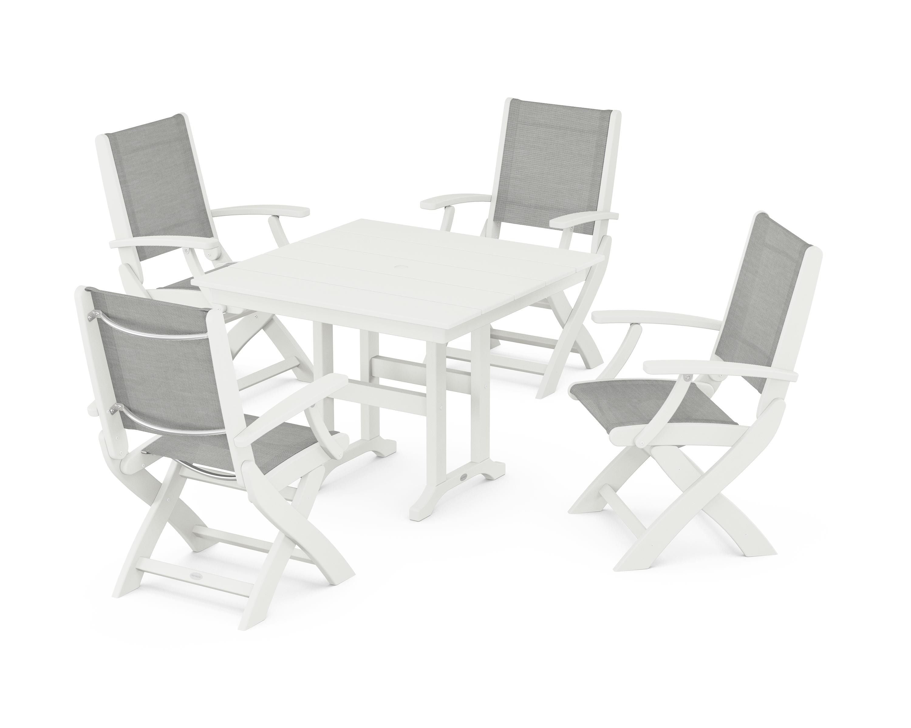 POLYWOOD Coastal Folding Chair 5-Piece Farmhouse Dining Set in Vintage White / Metallic Sling
