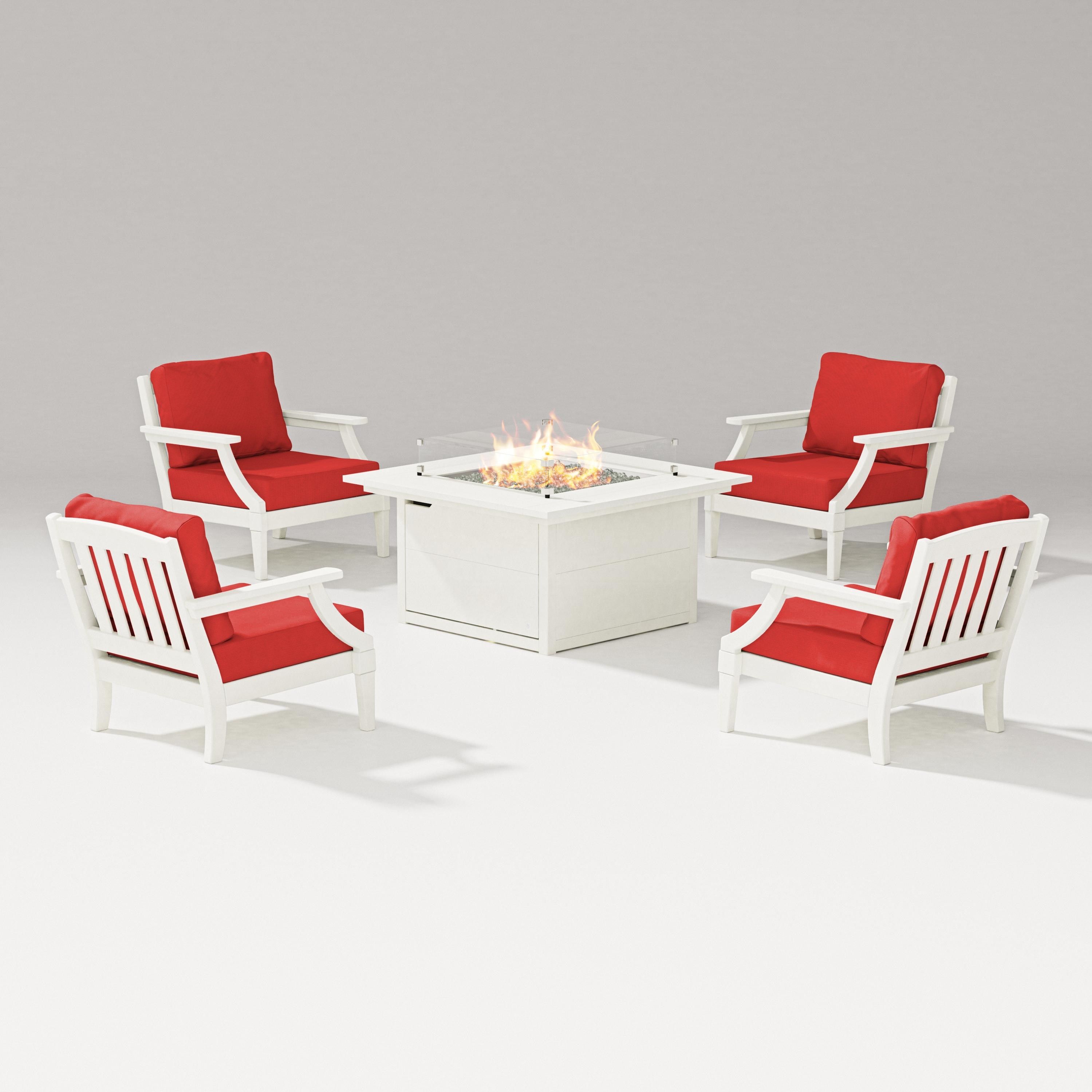 PW Designer Series Estate 5-Piece Lounge Fire Table Set in Vintage White / Crimson Linen