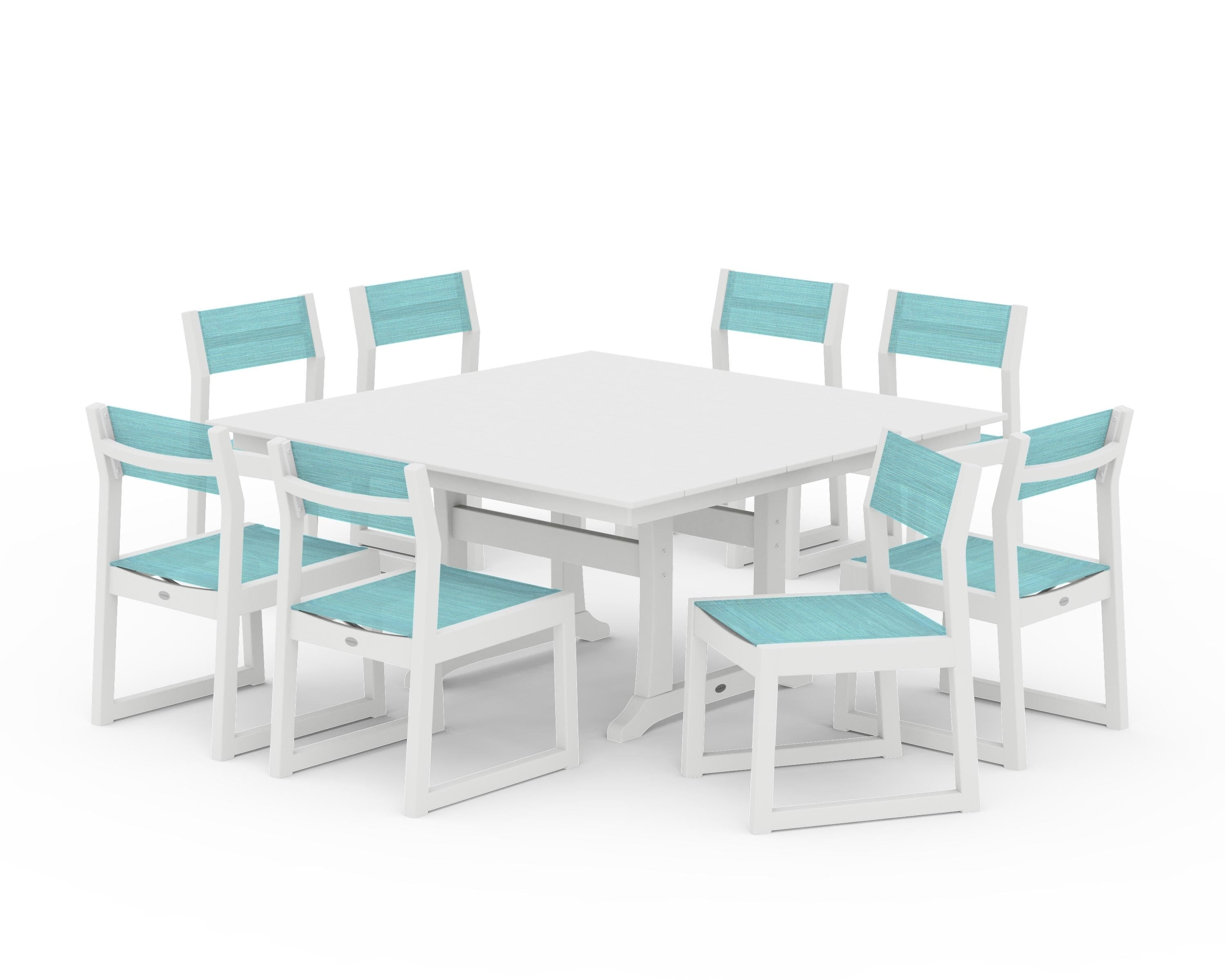 POLYWOOD EDGE Sling Side Chair 9-Piece Farmhouse Trestle Dining Set in White / Dupioni Aquamarine Sling