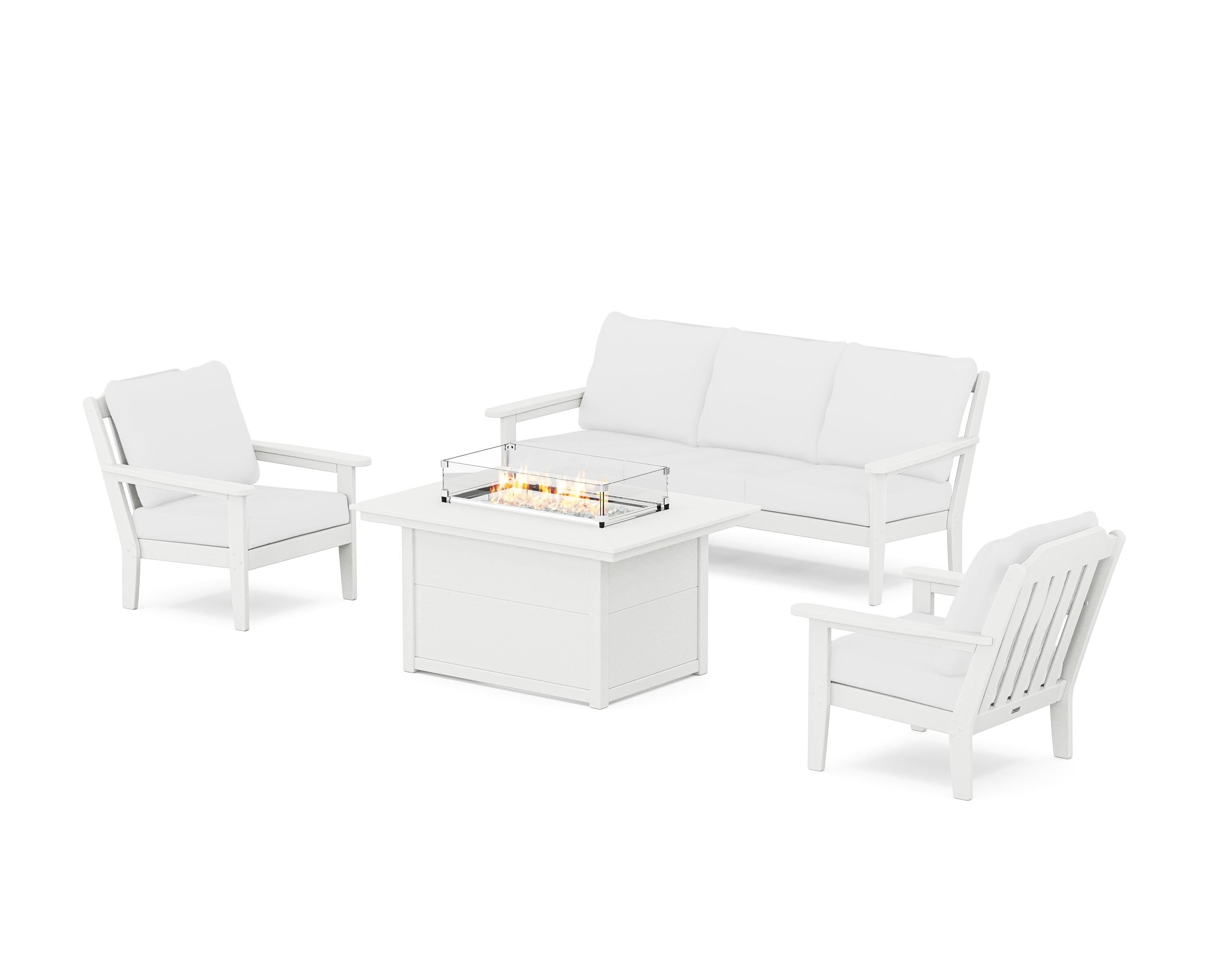 Country Living Cottage Deep Seating Fire Pit Table Set in White / Natural