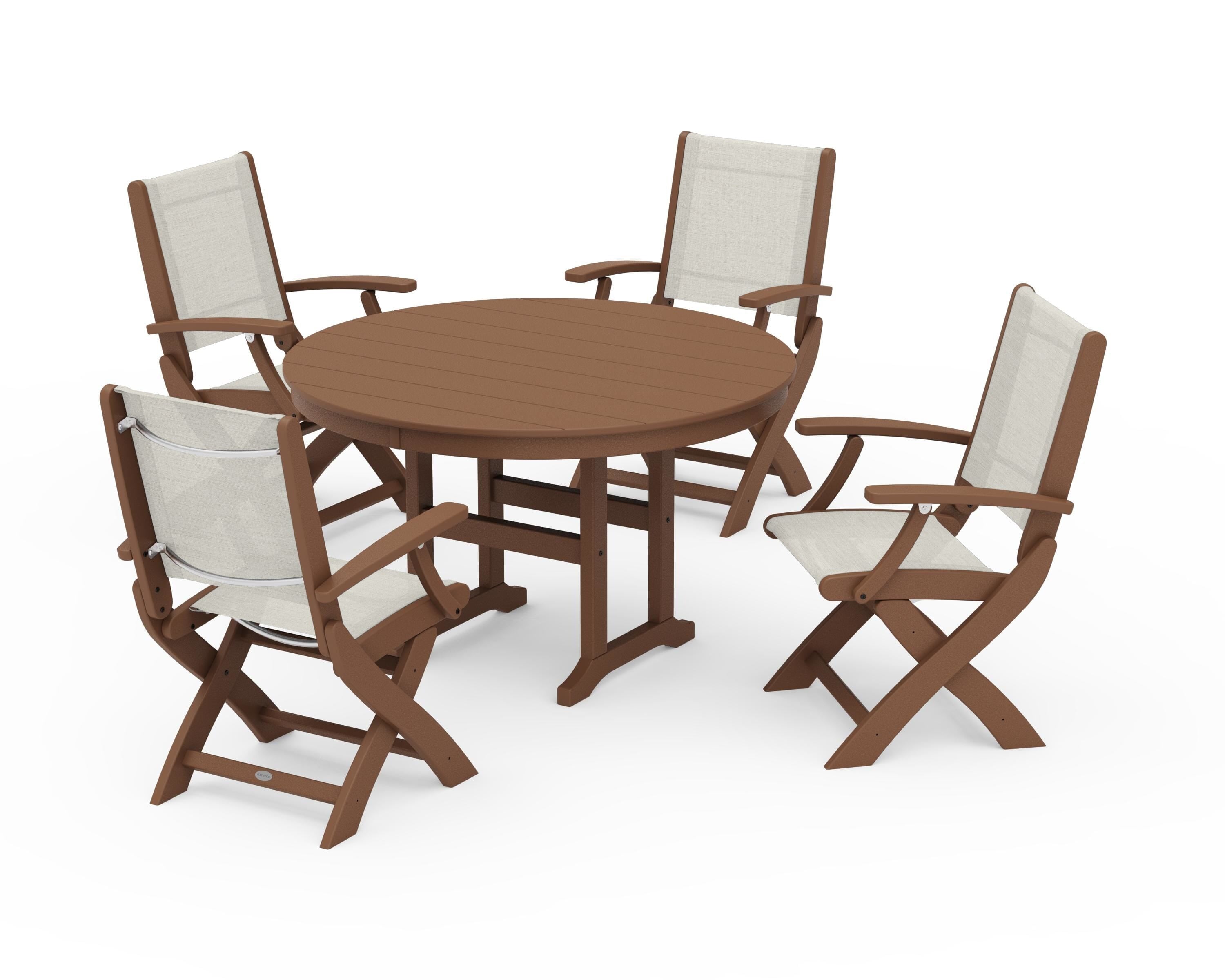 POLYWOOD Coastal Folding Chair 5-Piece Round Dining Set in Teak / Parchment Sling