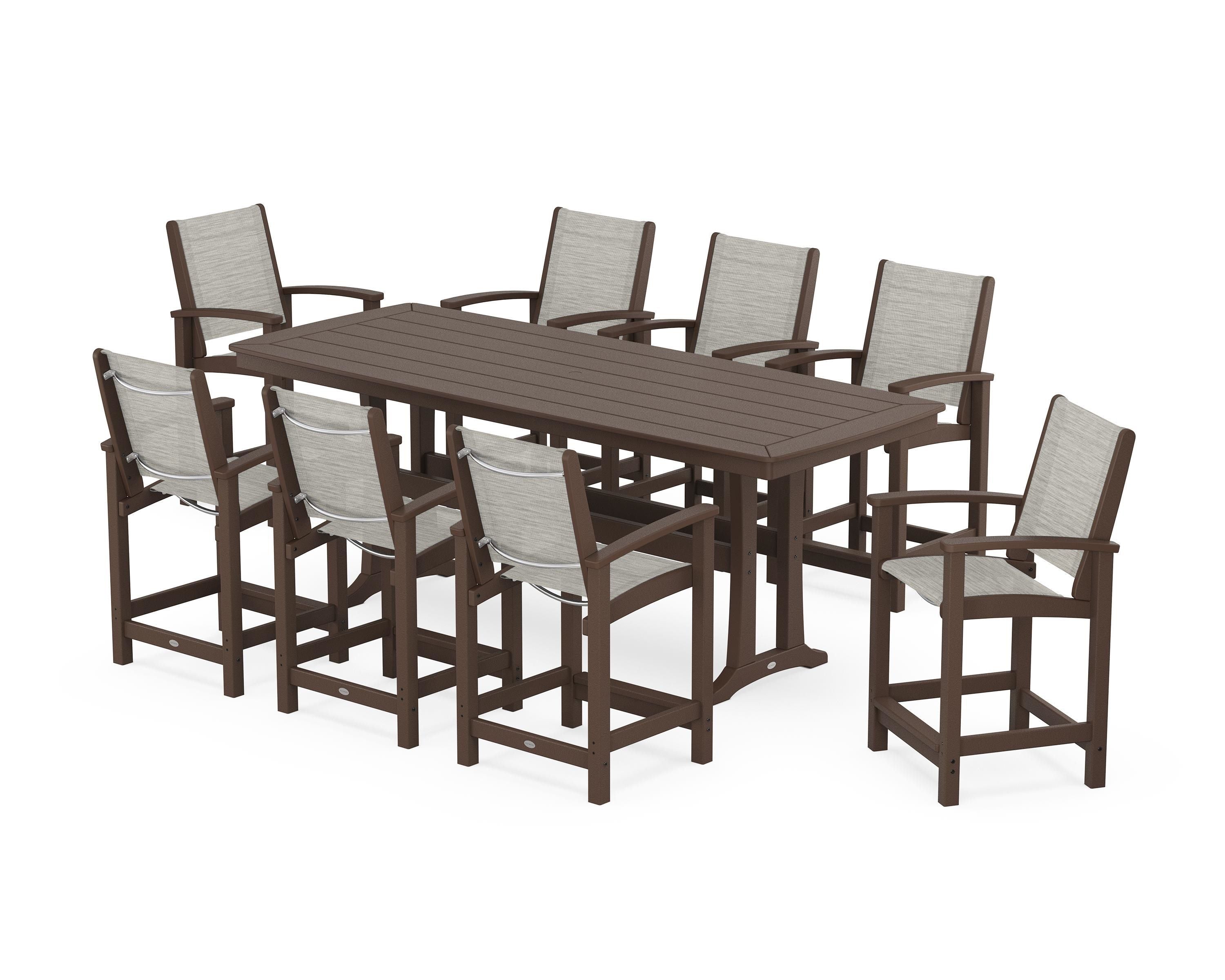 POLYWOOD Coastal 9-Piece Counter Set with Trestle Legs in Mahogany / Birch Sling