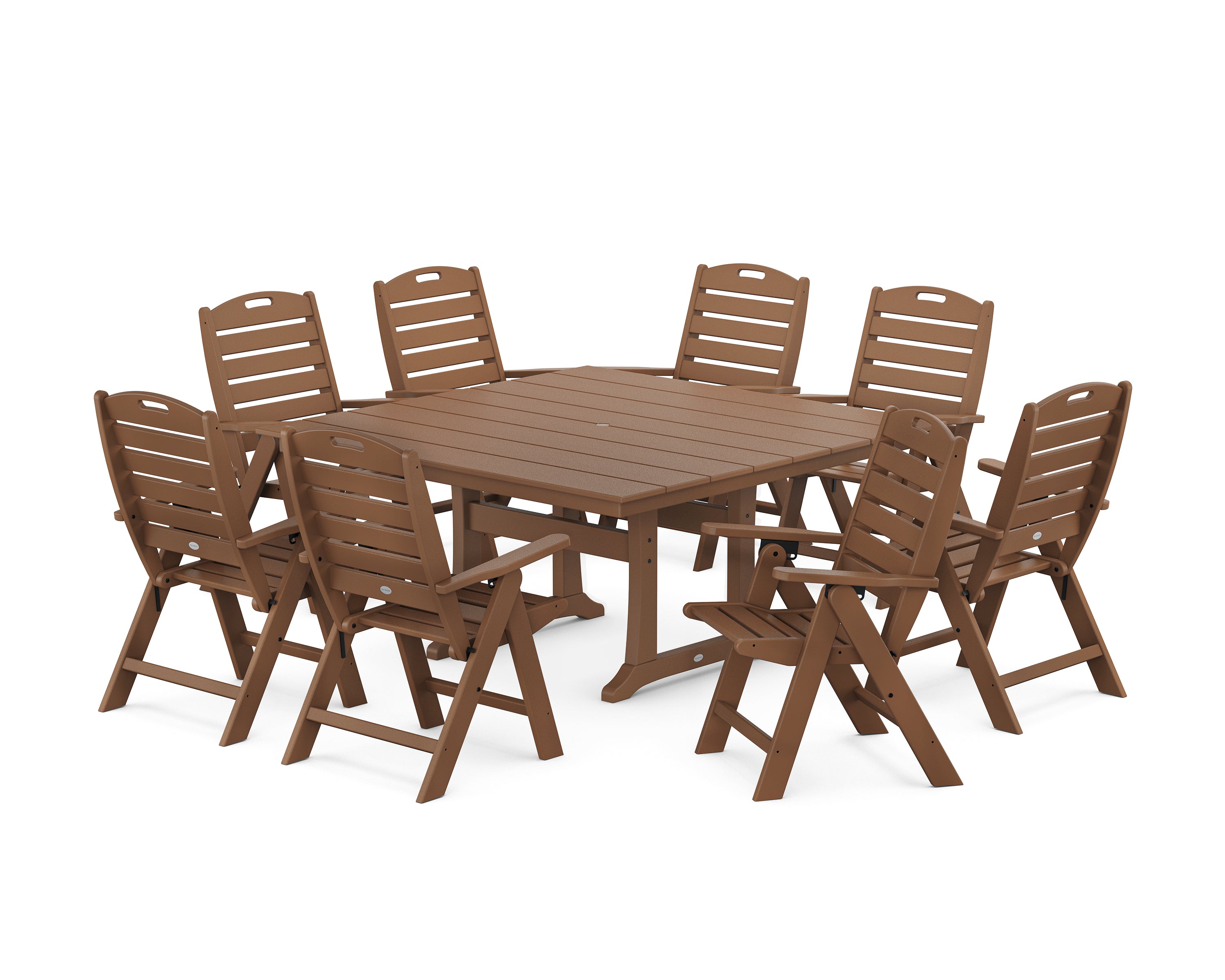 POLYWOOD Nautical Highback 9-Piece Square Farmhouse Dining Set with Trestle Legs in Teak