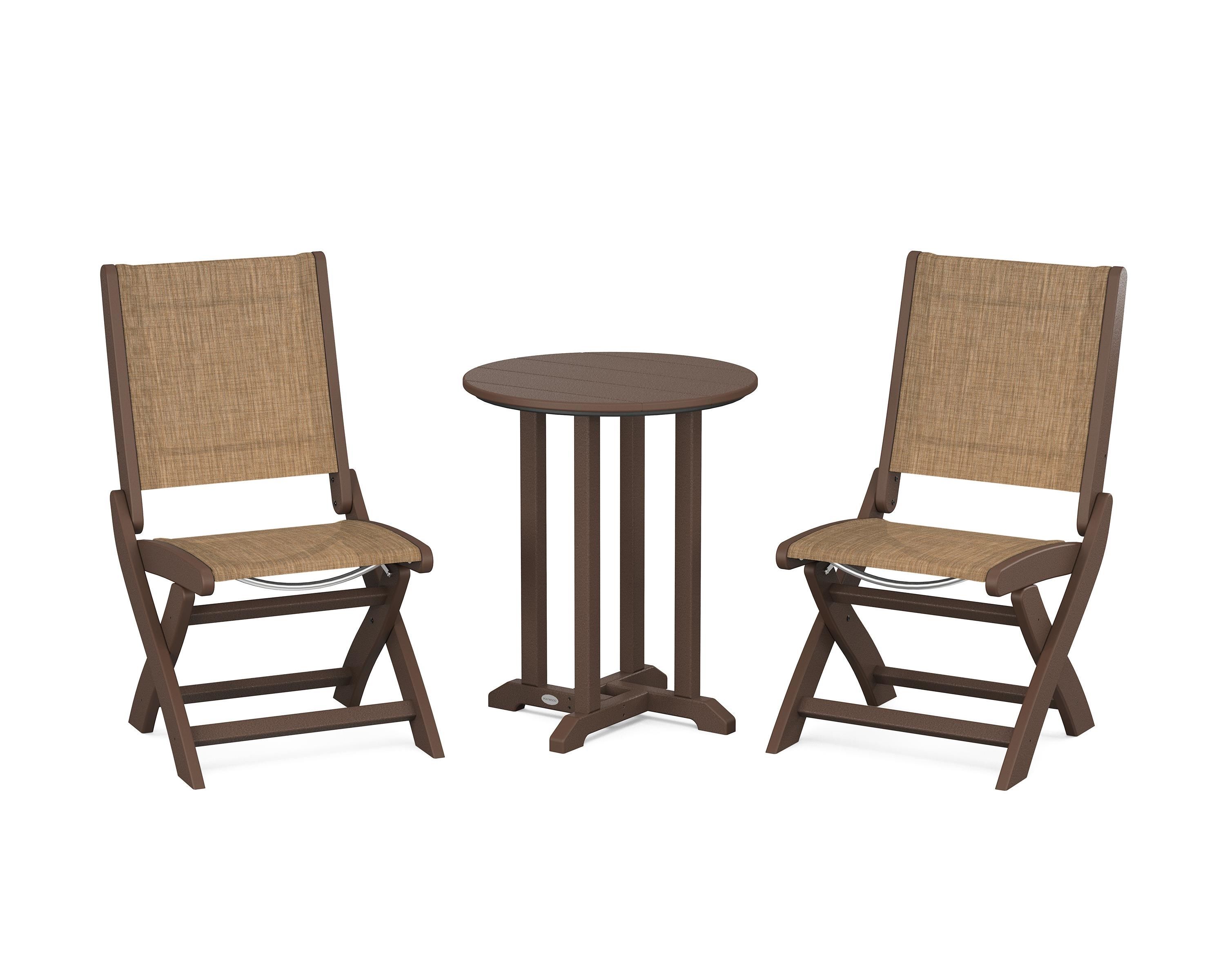 POLYWOOD Coastal Folding Side Chair 3-Piece Round Bistro Dining Set in Mahogany / Burlap Sling