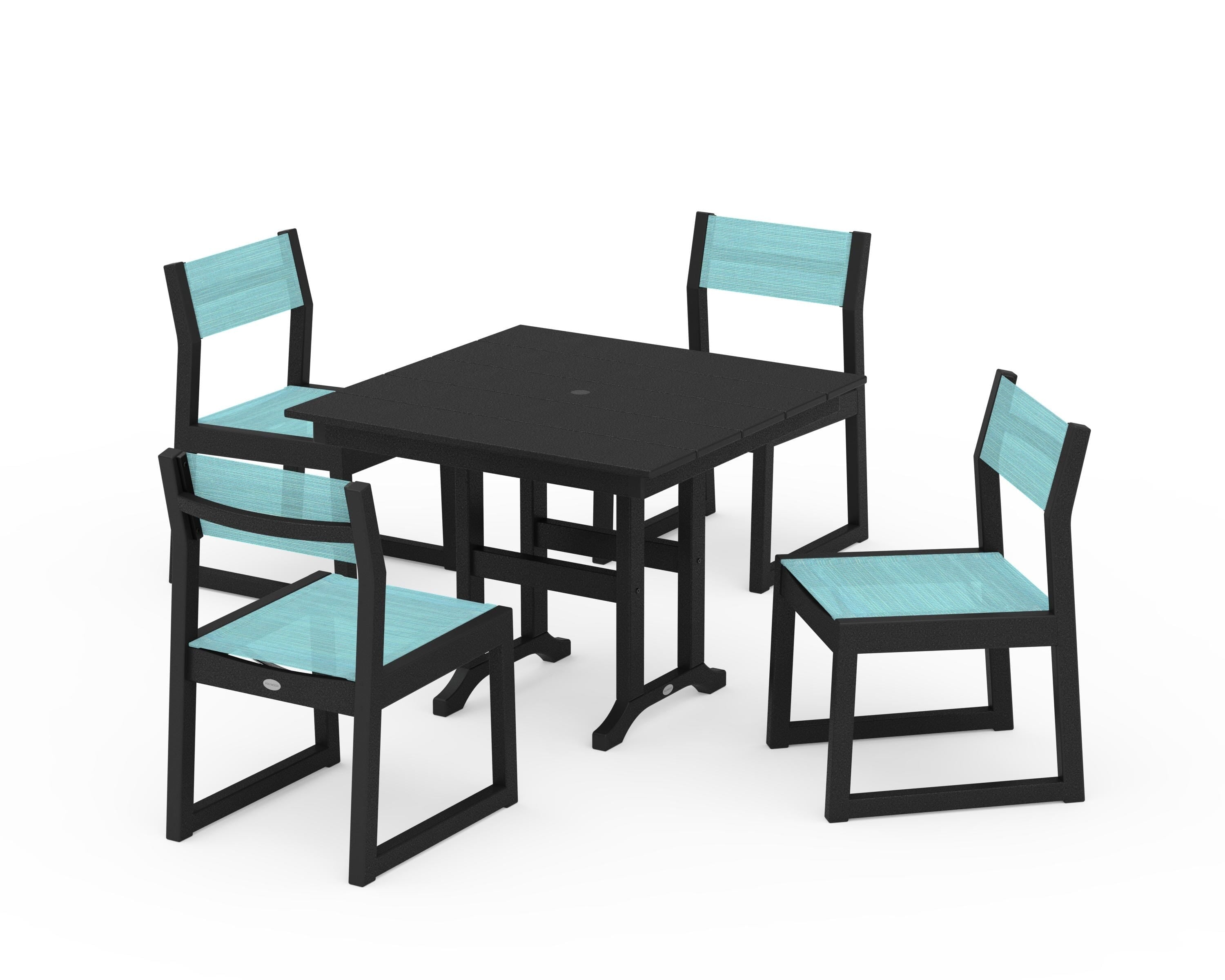POLYWOOD EDGE Sling Side Chair 5-Piece Farmhouse Dining Set in Black / Dupioni Aquamarine Sling