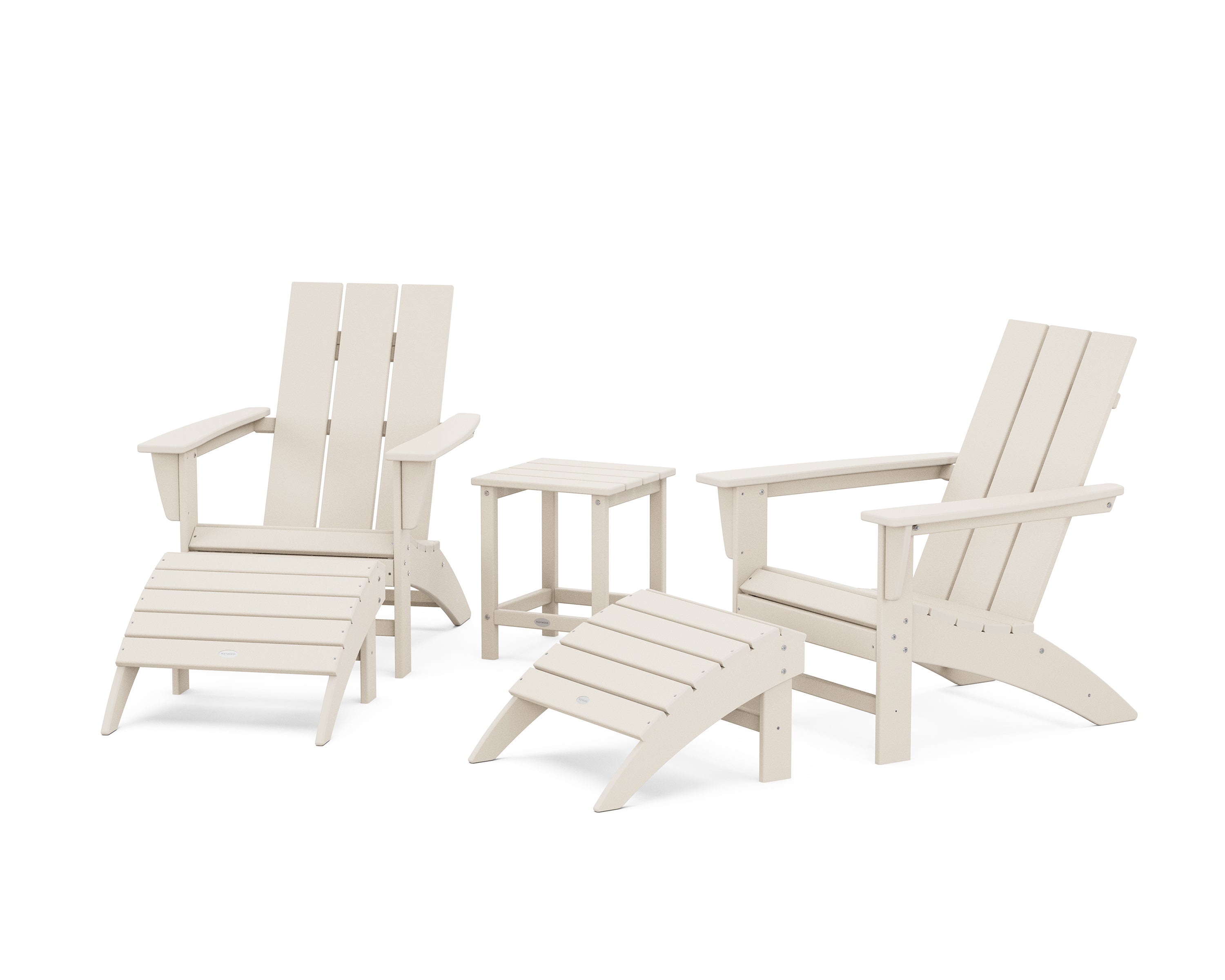 POLYWOOD® Modern Adirondack Chair 5-Piece Set with Ottomans and 18" Side Table in Sand