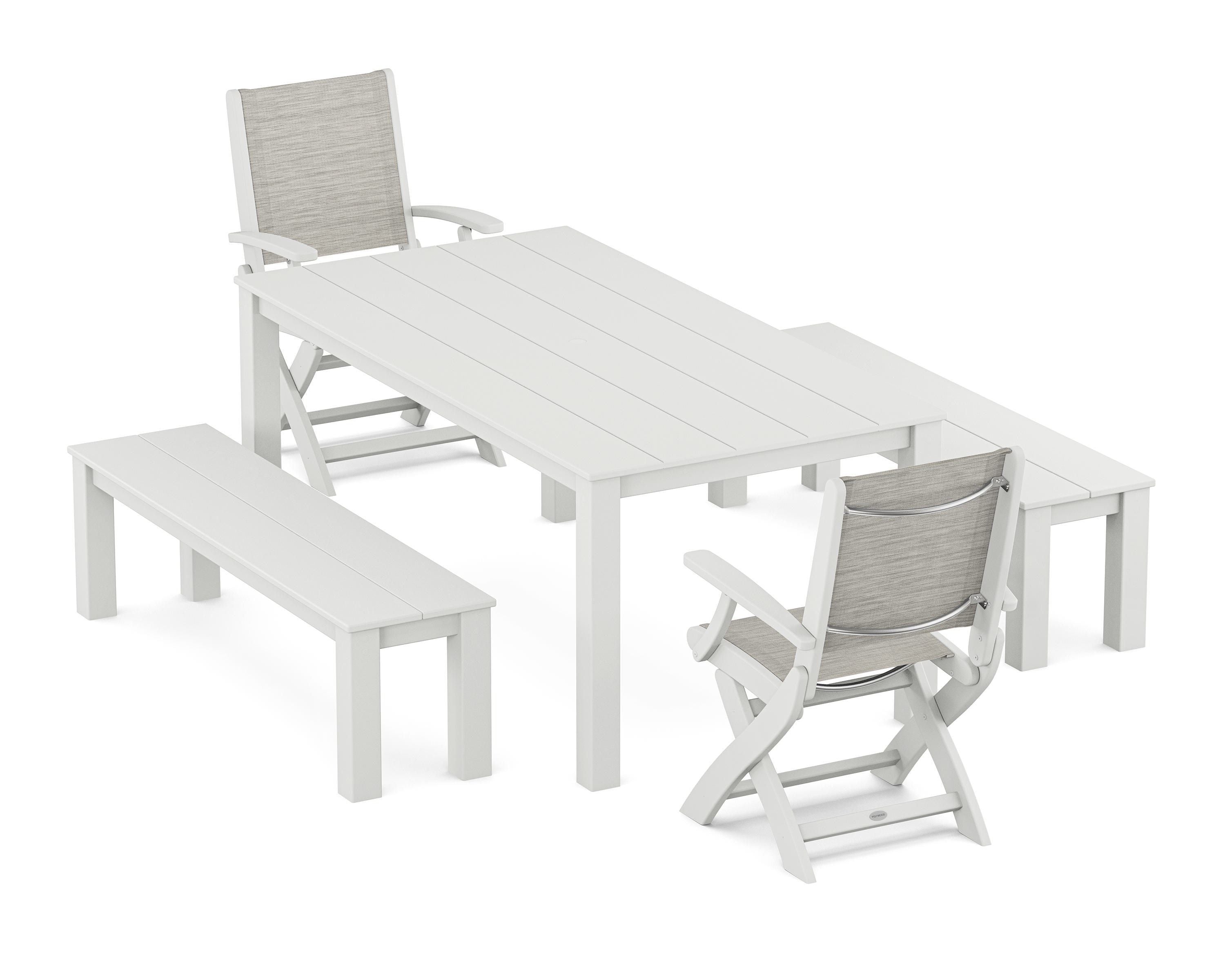 POLYWOOD Coastal Folding Chair 5-Piece Parsons Dining Set with Benches in White / Birch Sling