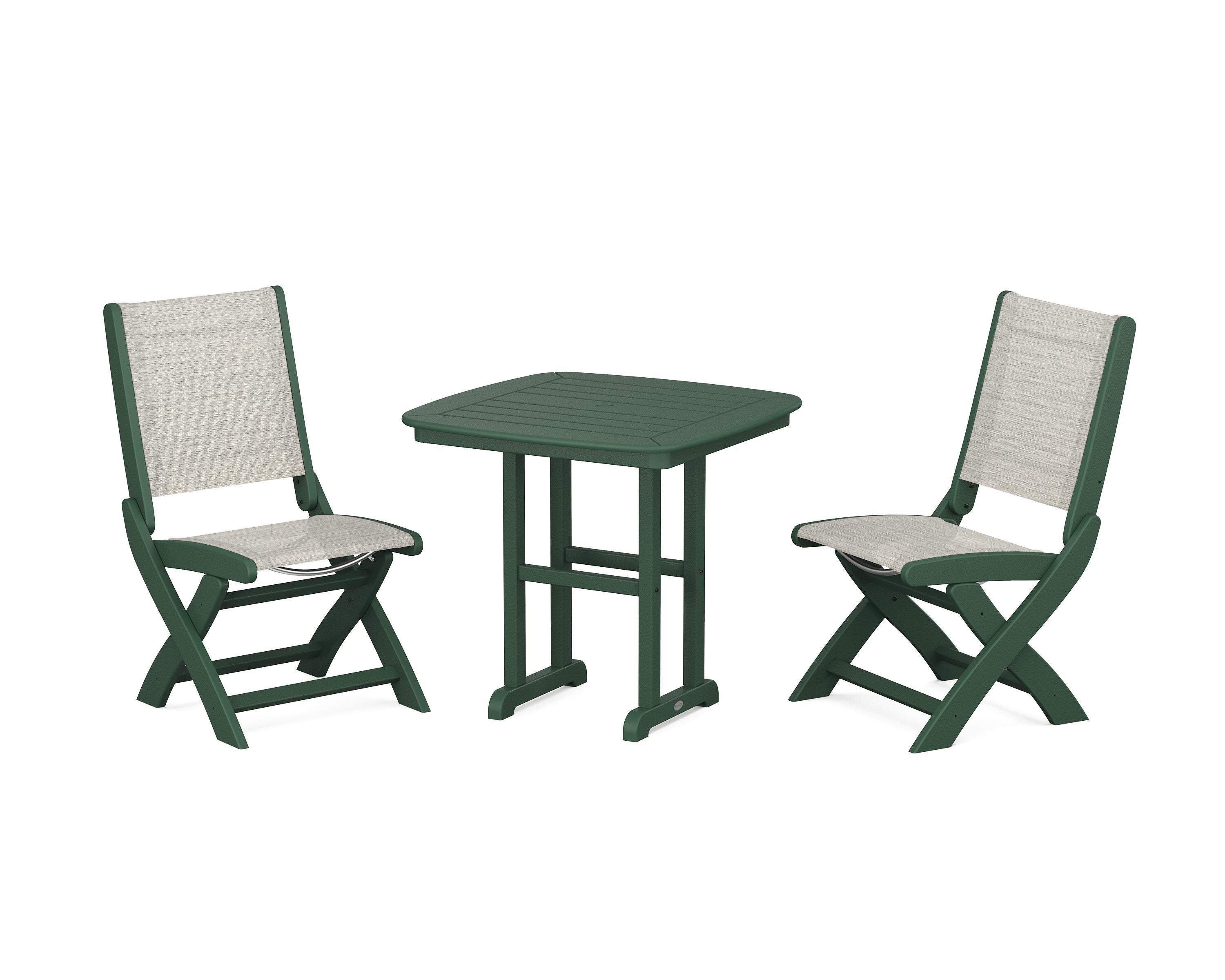 POLYWOOD Coastal Folding Side Chair 3-Piece Dining Set in Green / Birch Sling
