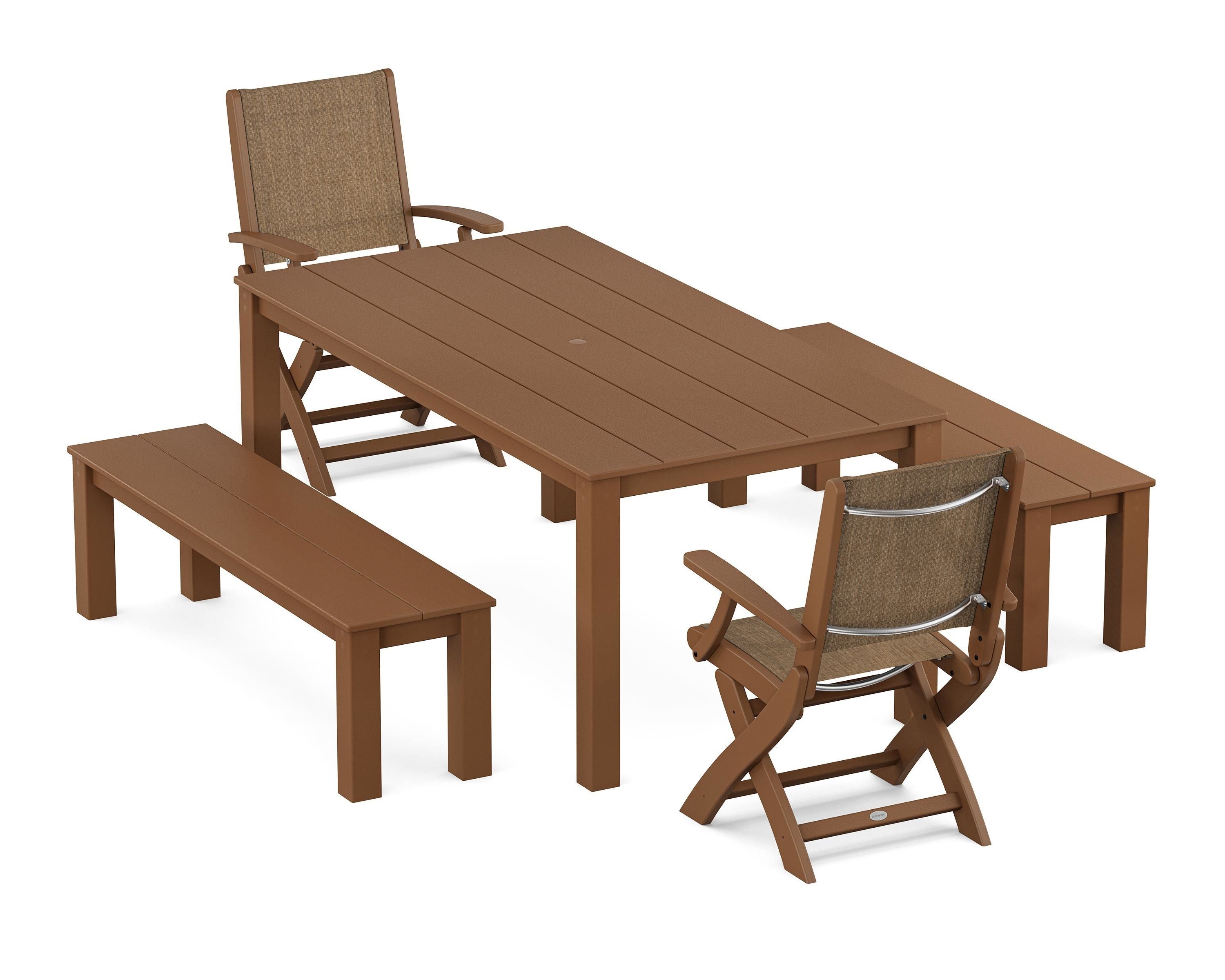 POLYWOOD Coastal Folding Chair 5-Piece Parsons Dining Set with Benches in Teak / Burlap Sling