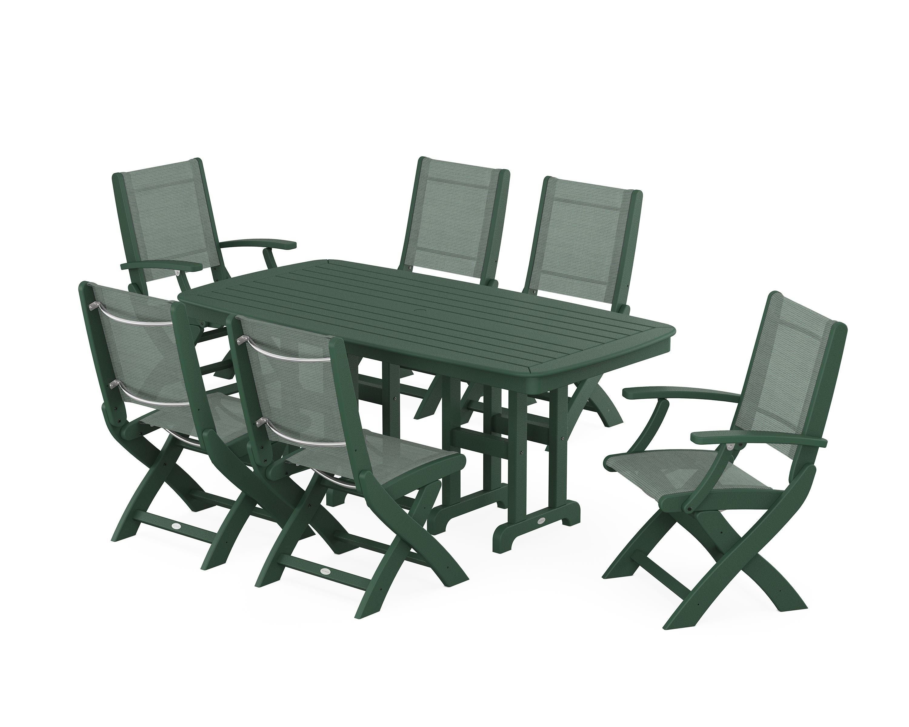 POLYWOOD Coastal Folding Chair 7-Piece Dining Set in Green / Dupioni Sea Mist Sling
