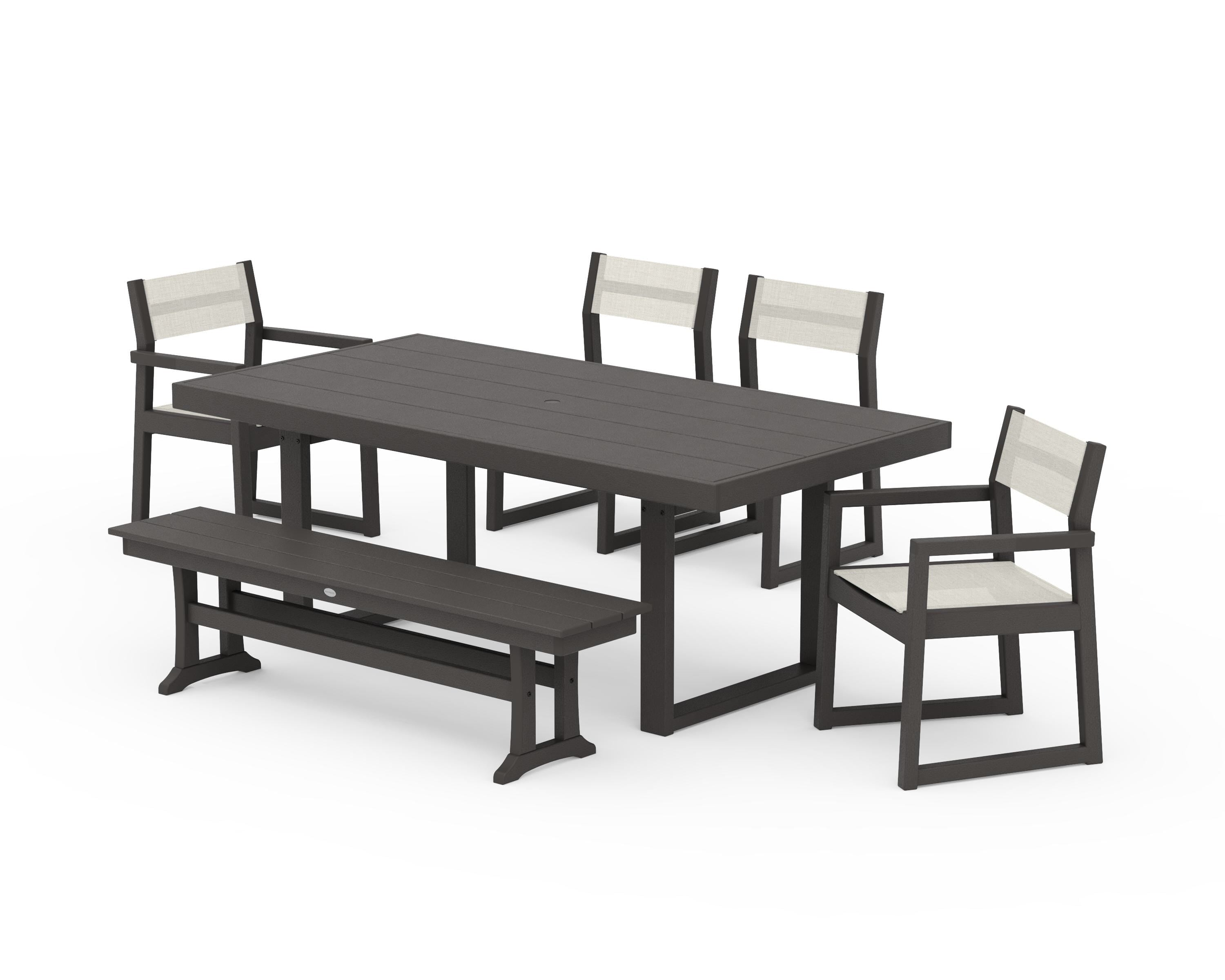POLYWOOD EDGE Sling 6-Piece Dining Set with Bench in Vintage Coffee / Parchment Sling