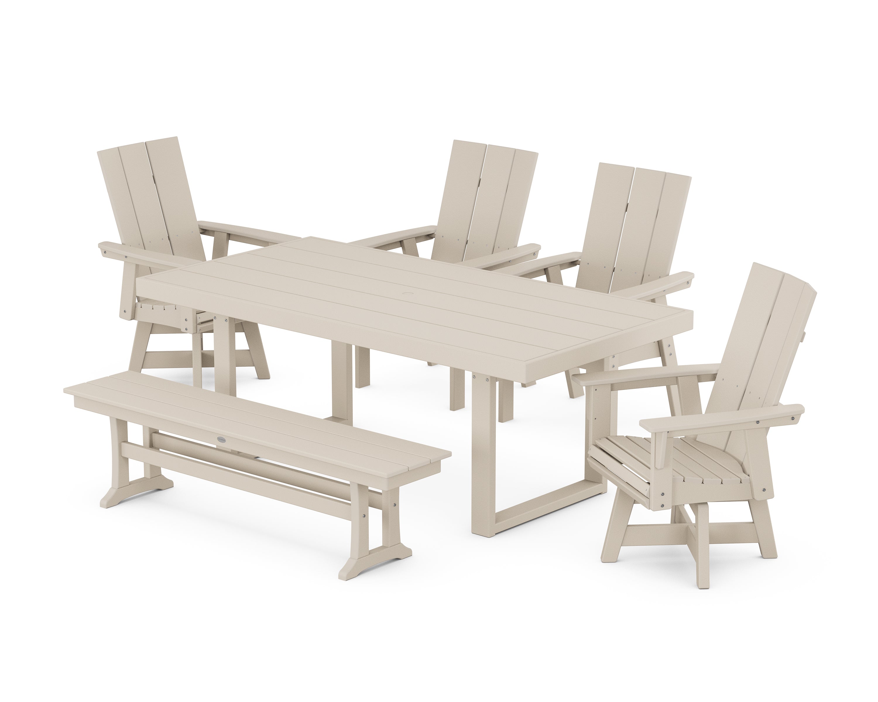 POLYWOOD Modern Curveback Adirondack Swivel Chair 6-Piece Dining Set with Bench in Sand