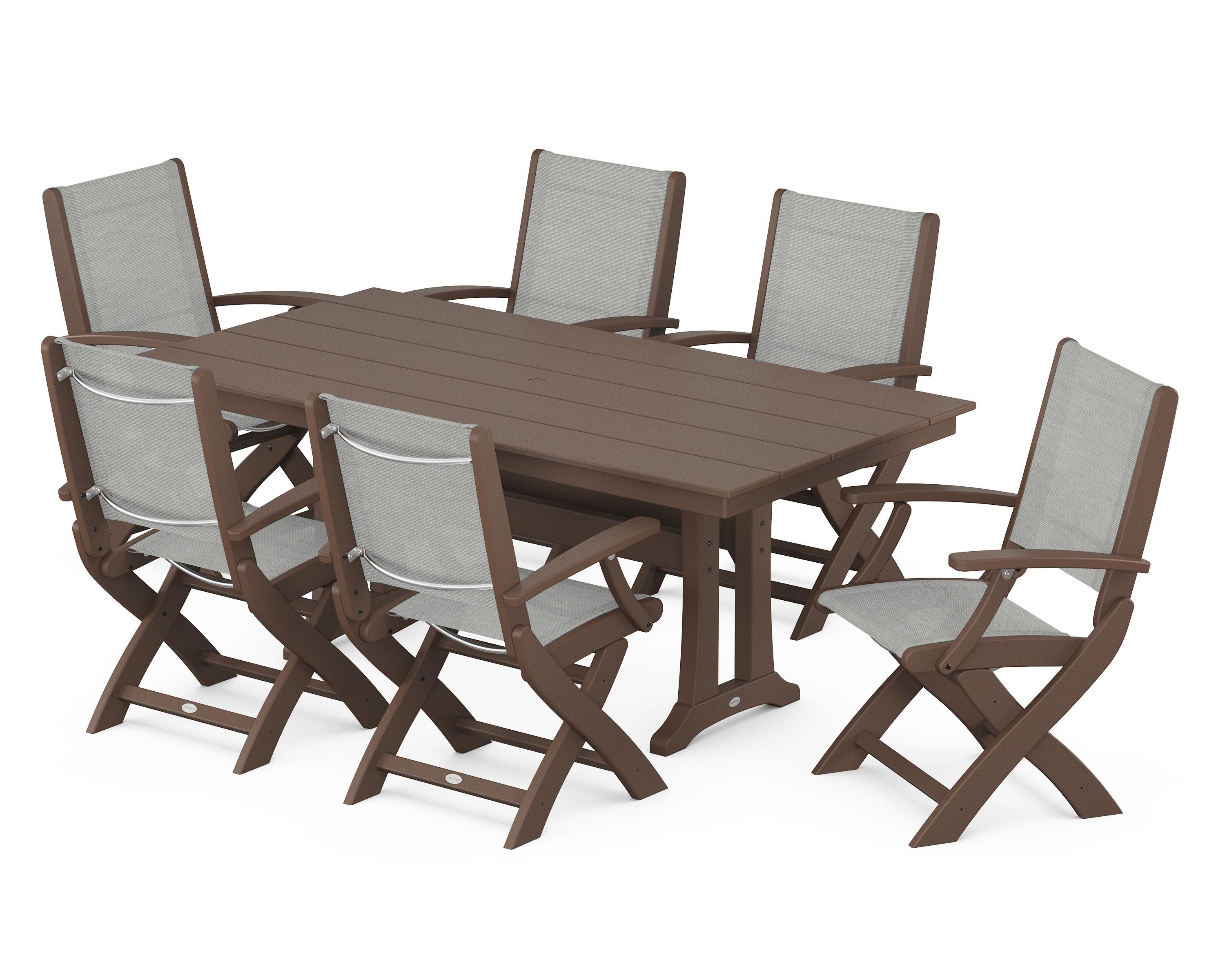 POLYWOOD Coastal Folding Arm Chair 7-Piece Farmhouse Dining Set with Trestle Legs in Mahogany / Metallic Sling
