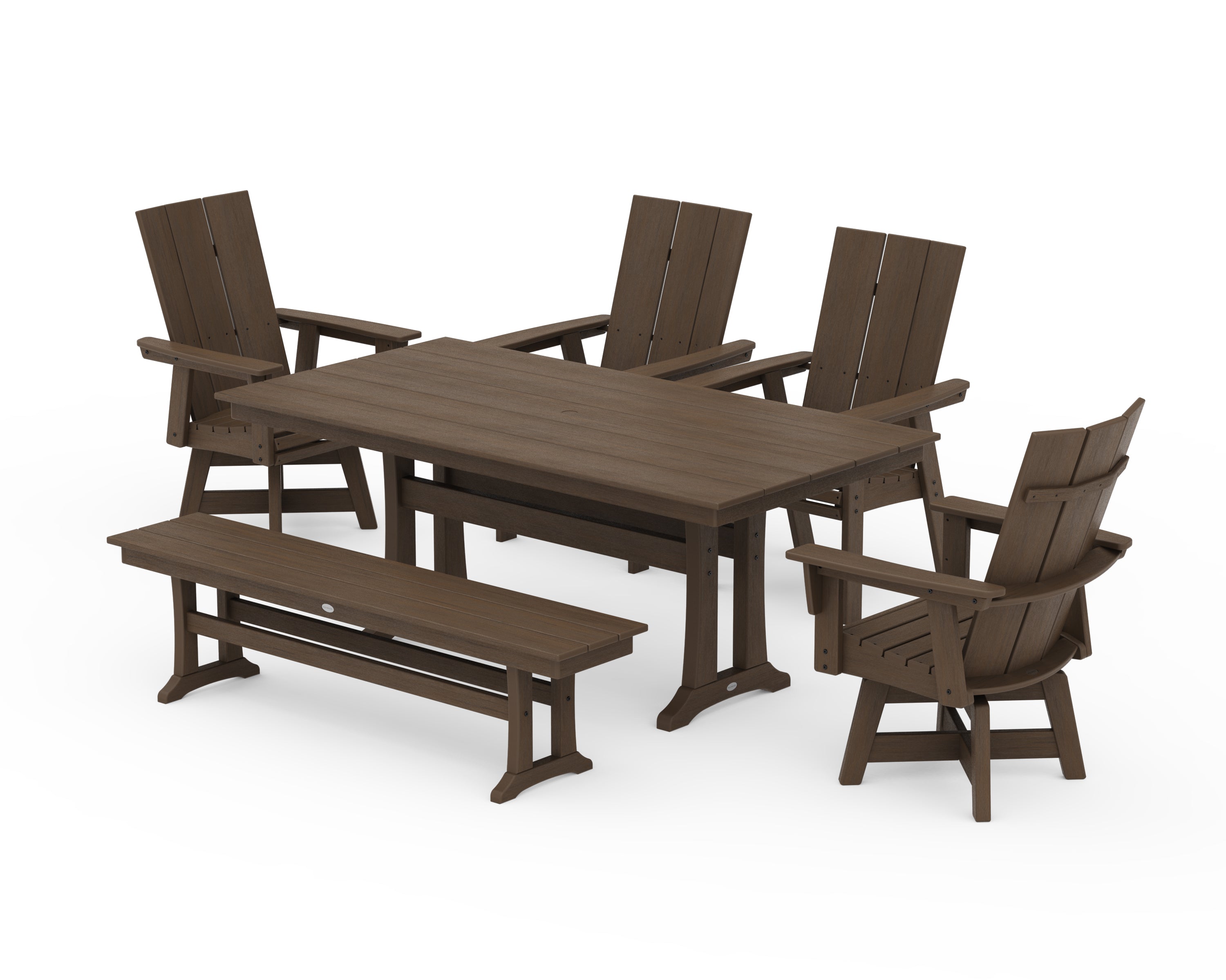 POLYWOOD Modern Curveback Adirondack Swivel Chair 6-Piece Farmhouse Dining Set With Trestle Legs and Bench in Kona