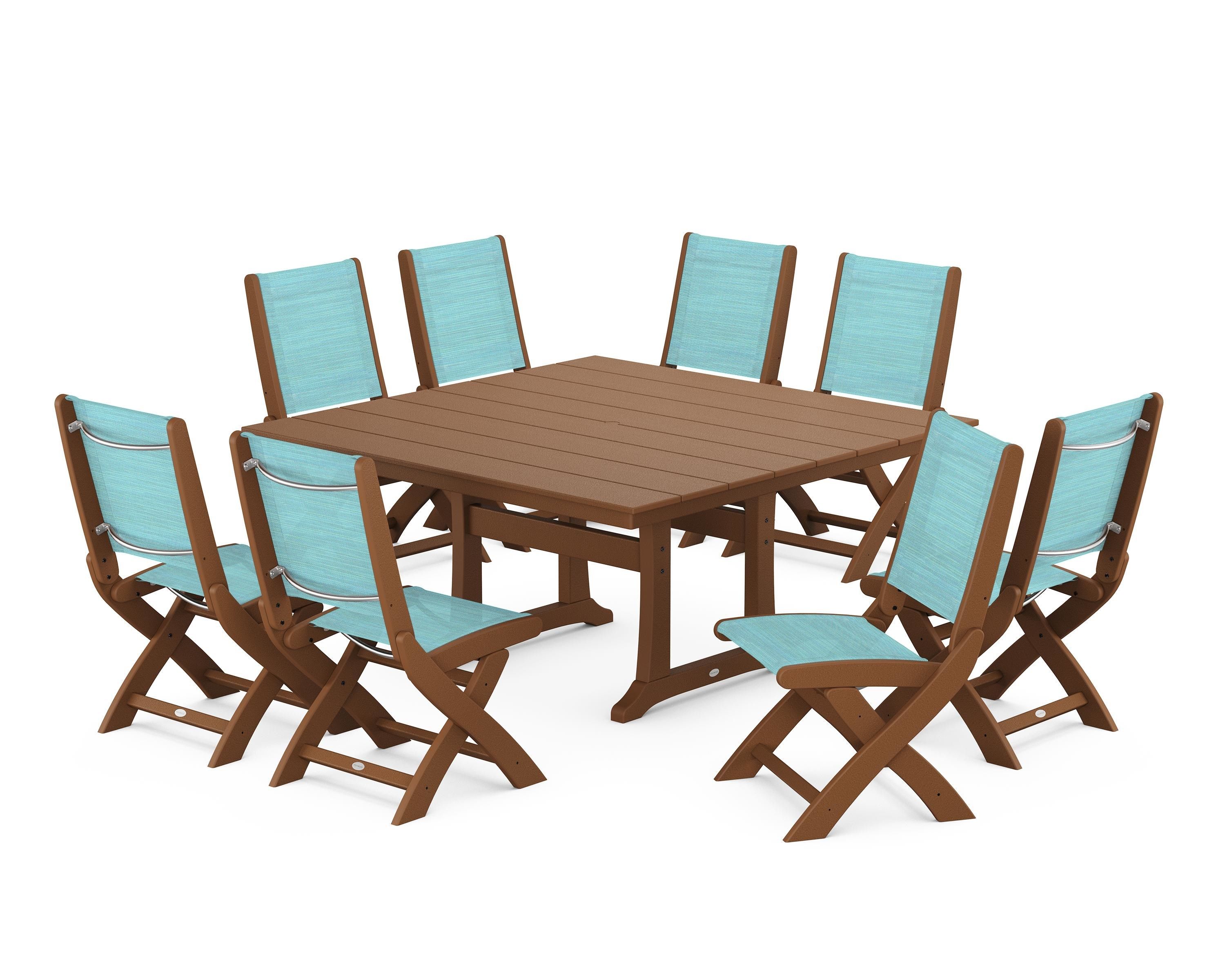 POLYWOOD Coastal Folding Side Chair 9-Piece Farmhouse Dining Set in Teak / Dupioni Aquamarine Sling