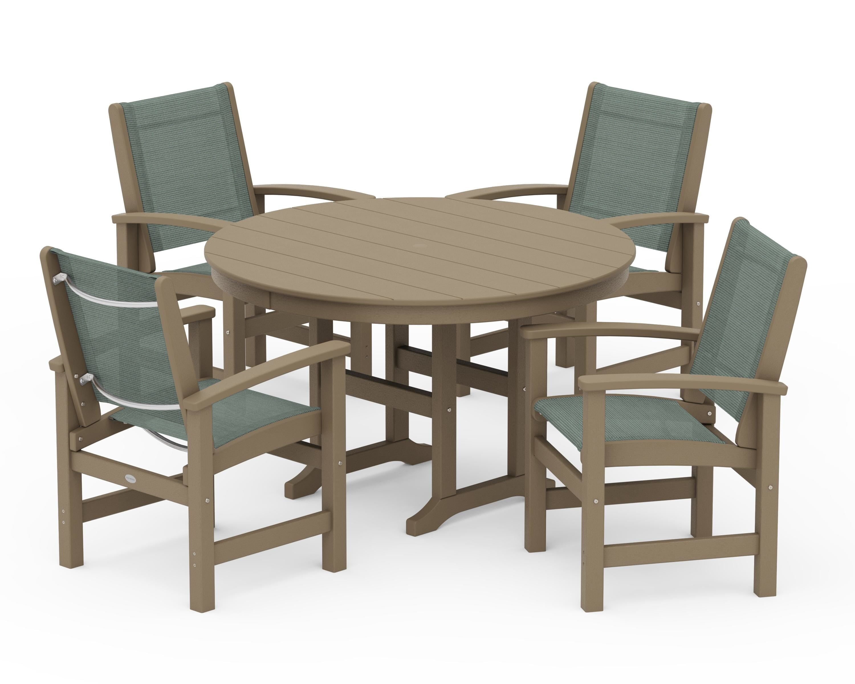 POLYWOOD Coastal 5-Piece Round Farmhouse Dining Set in Vintage Sahara / Dupioni Sea Mist Sling