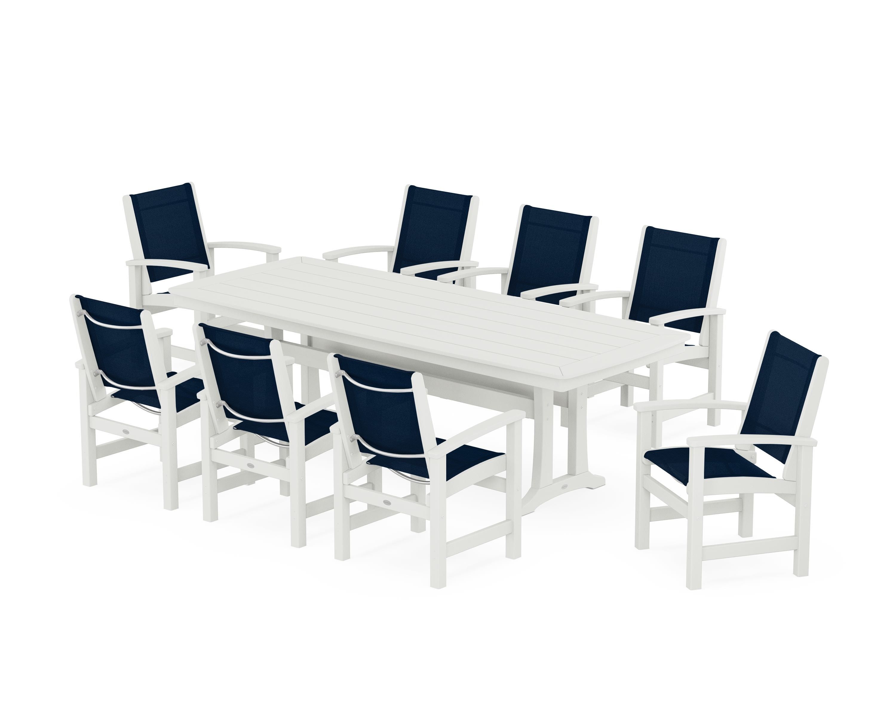 POLYWOOD Coastal 9-Piece Dining Set with Trestle Legs in Vintage White / Navy Blue Sling
