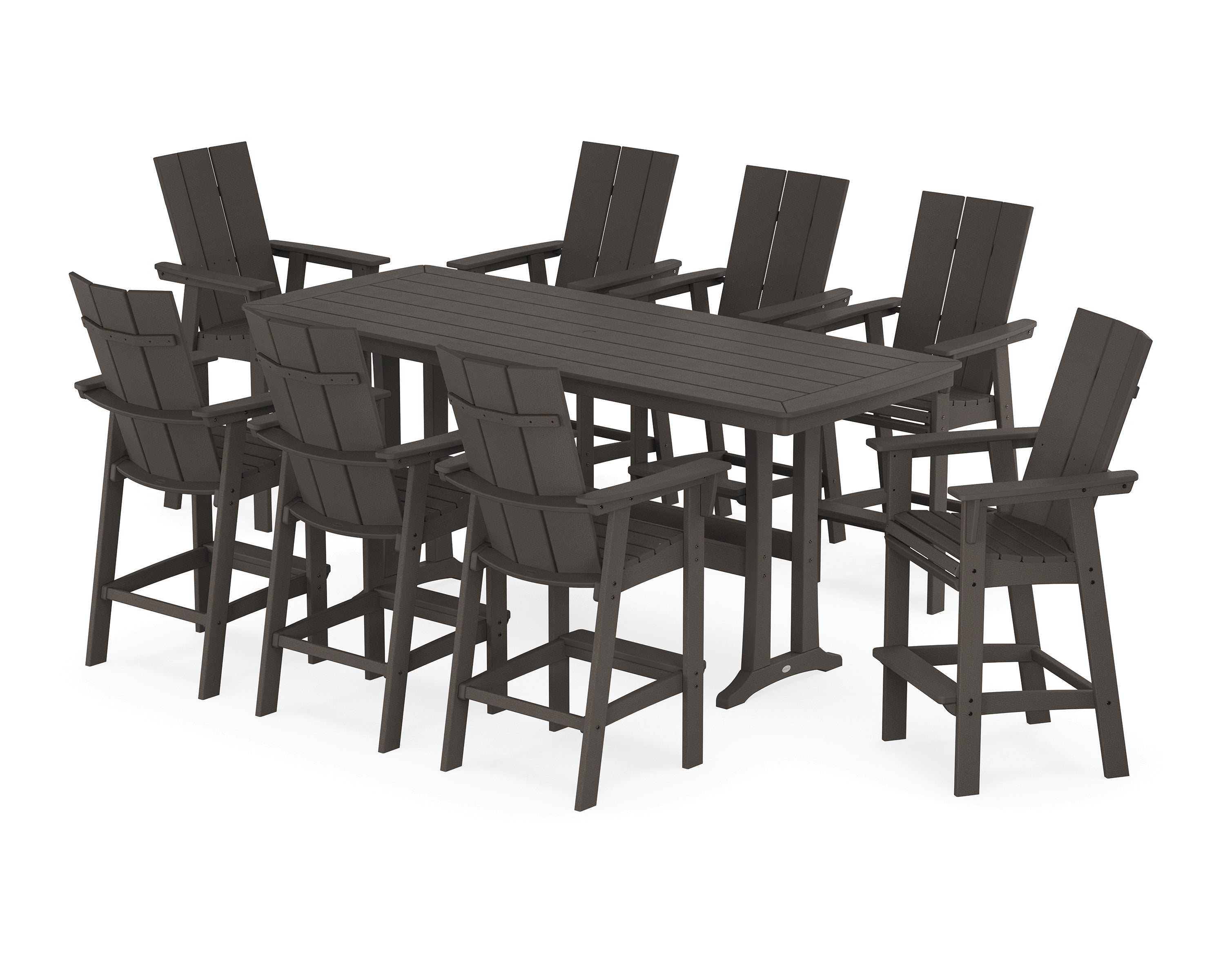 POLYWOOD Modern Curveback Adirondack 9-Piece Bar Set with Trestle Legs in Vintage Coffee