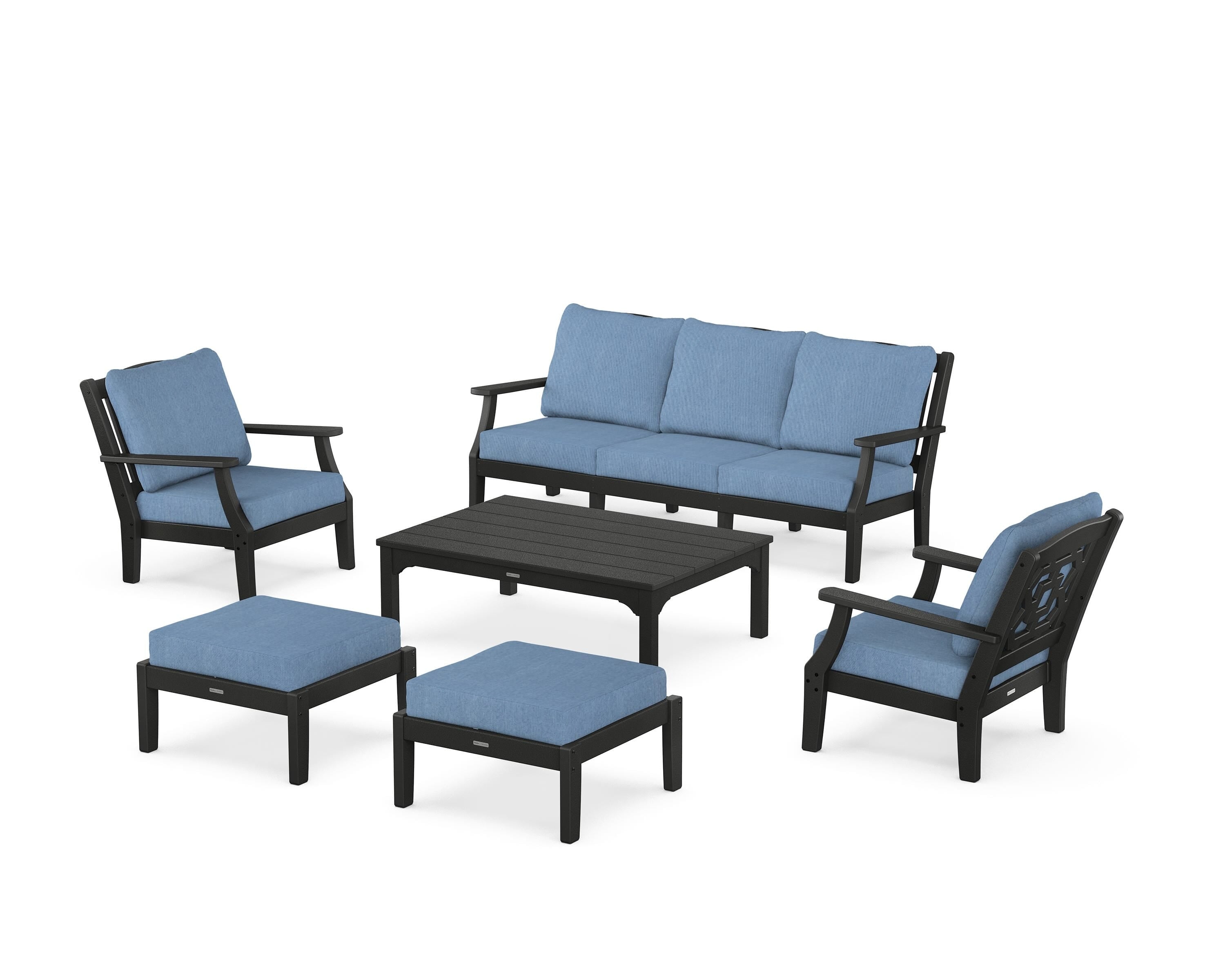 Martha Stewart by POLYWOOD Chinoiserie 6-Piece Lounge Sofa Set in Black / Sky Blue