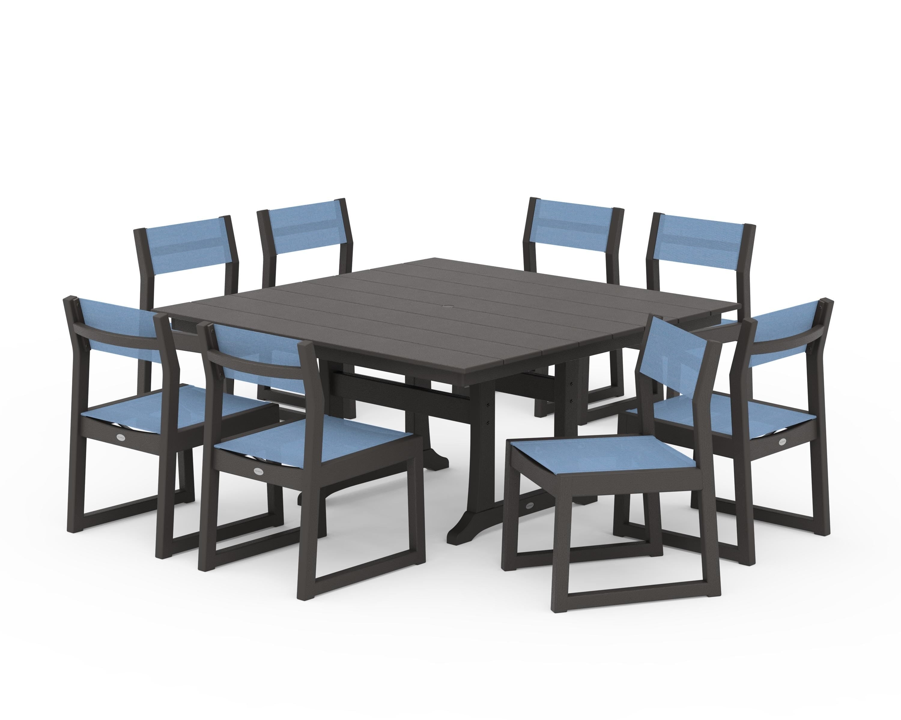 POLYWOOD EDGE Sling Side Chair 9-Piece Farmhouse Trestle Dining Set in Vintage Coffee / Poolside Sling