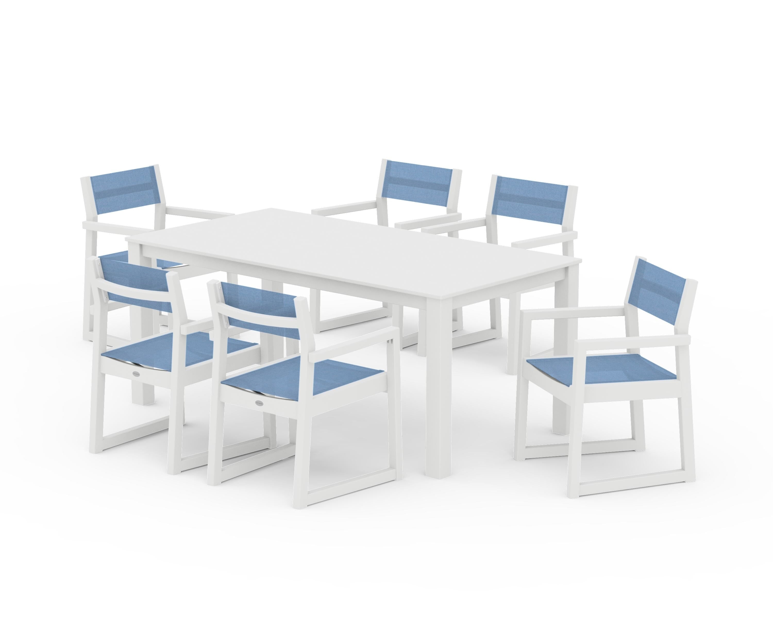 POLYWOOD EDGE Sling Arm Chair 7-Piece Parsons Dining Set in White / Poolside Sling