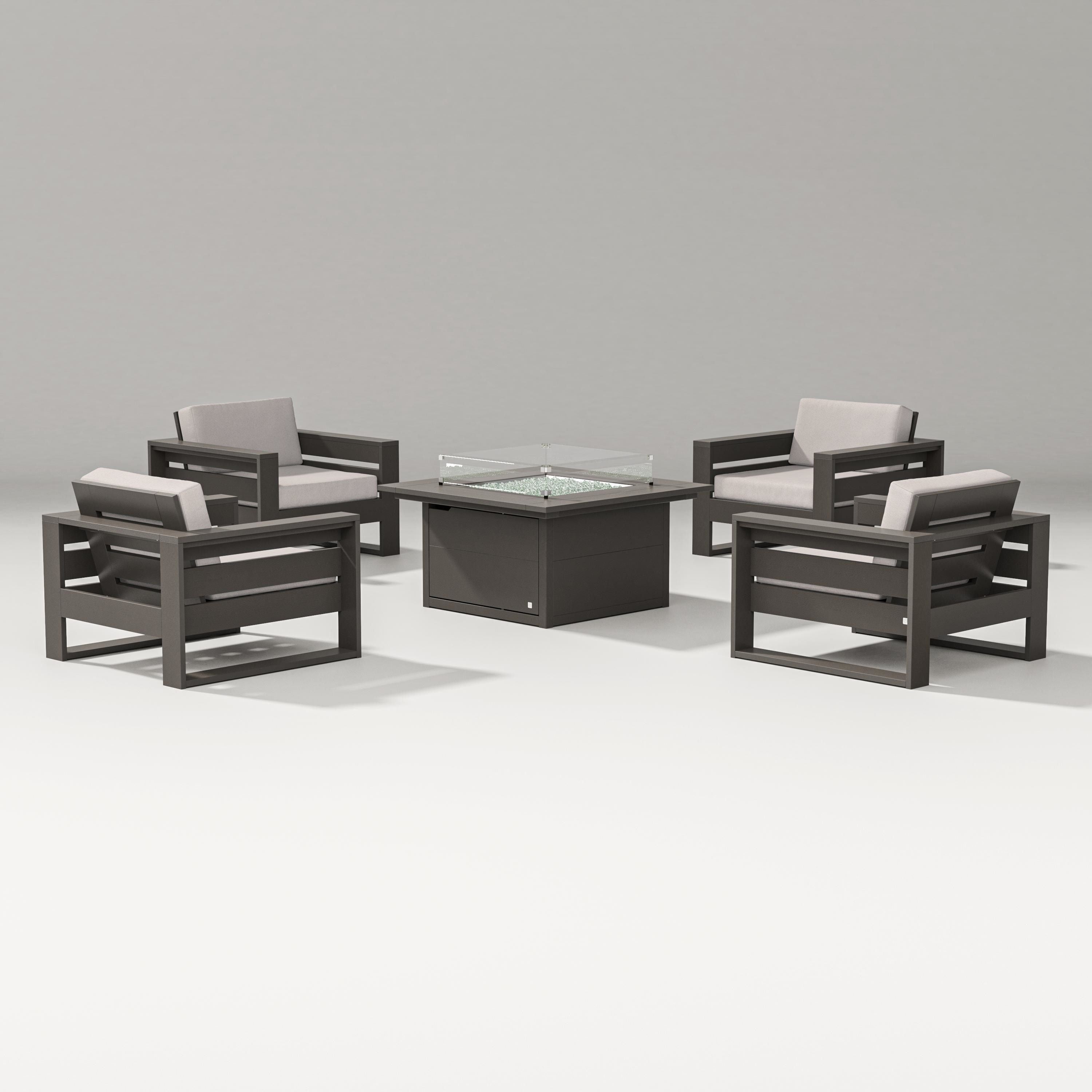 PW Designer Series Latitude 5-Piece Lounge Fire Table Set in Vintage Coffee / Dune Burlap