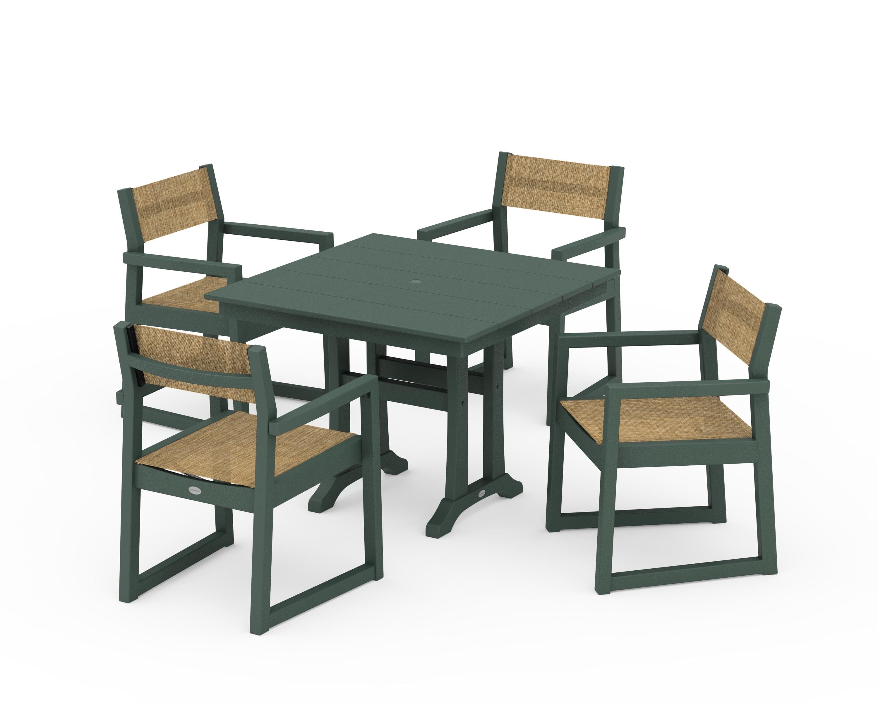 POLYWOOD EDGE Sling 5-Piece Farmhouse Dining Set with Trestle Legs in Green / Burlap Sling