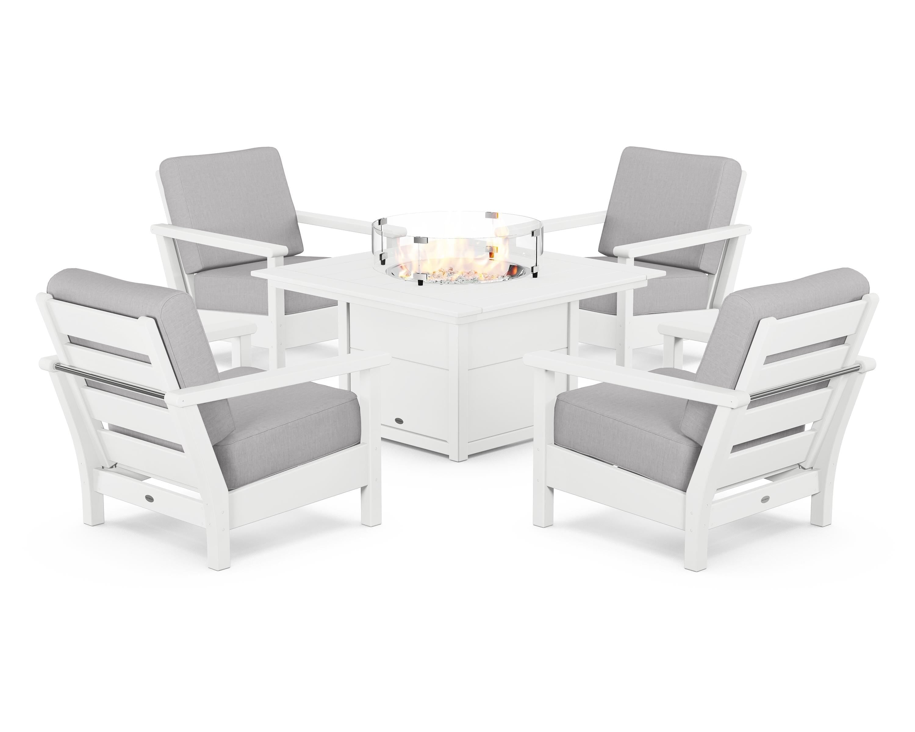 POLYWOOD Harbour 5-Piece Conversation Set with Fire Pit Table in White / Granite