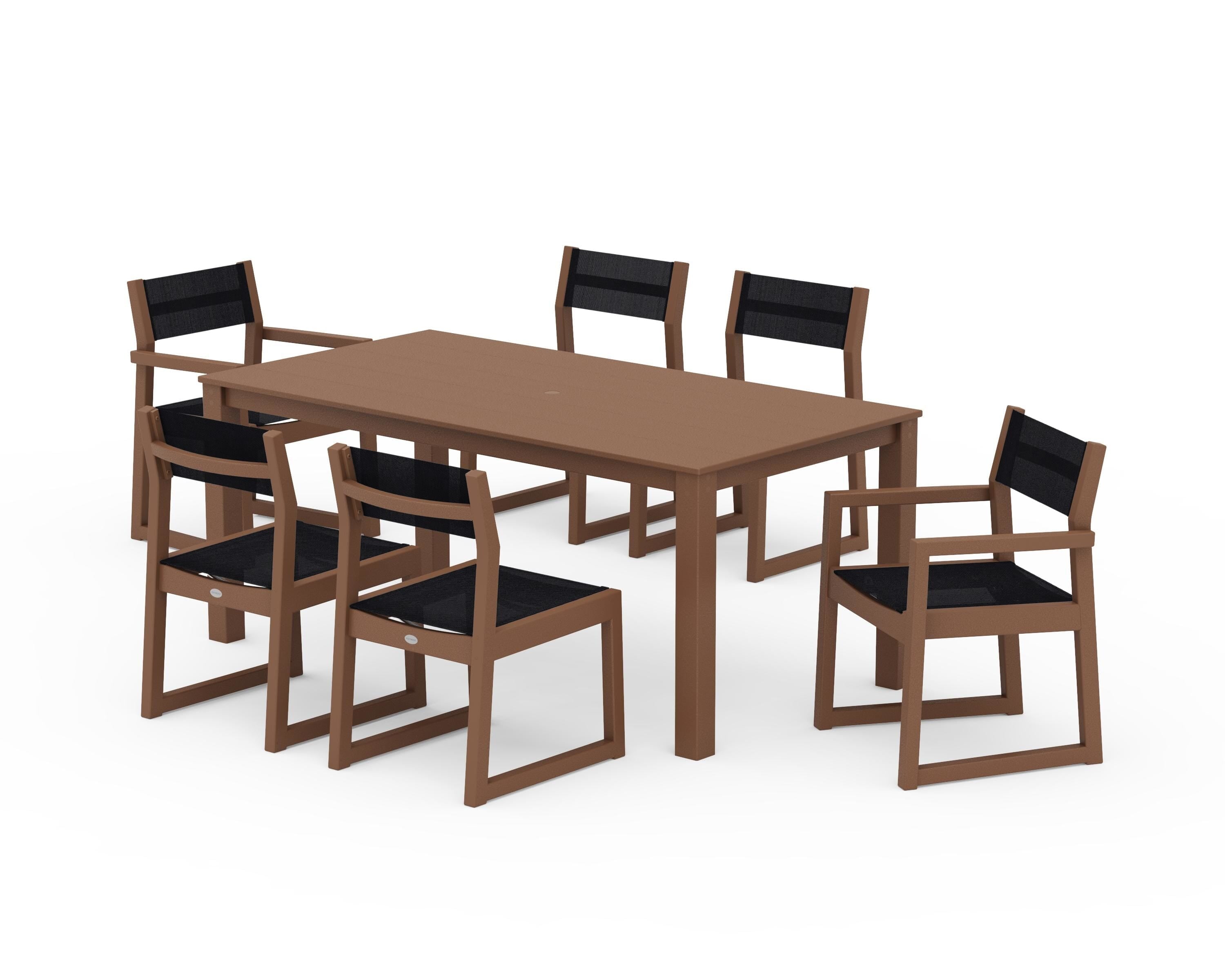 POLYWOOD EDGE Sling 7-Piece Parsons Dining Set in Teak / Black Sling