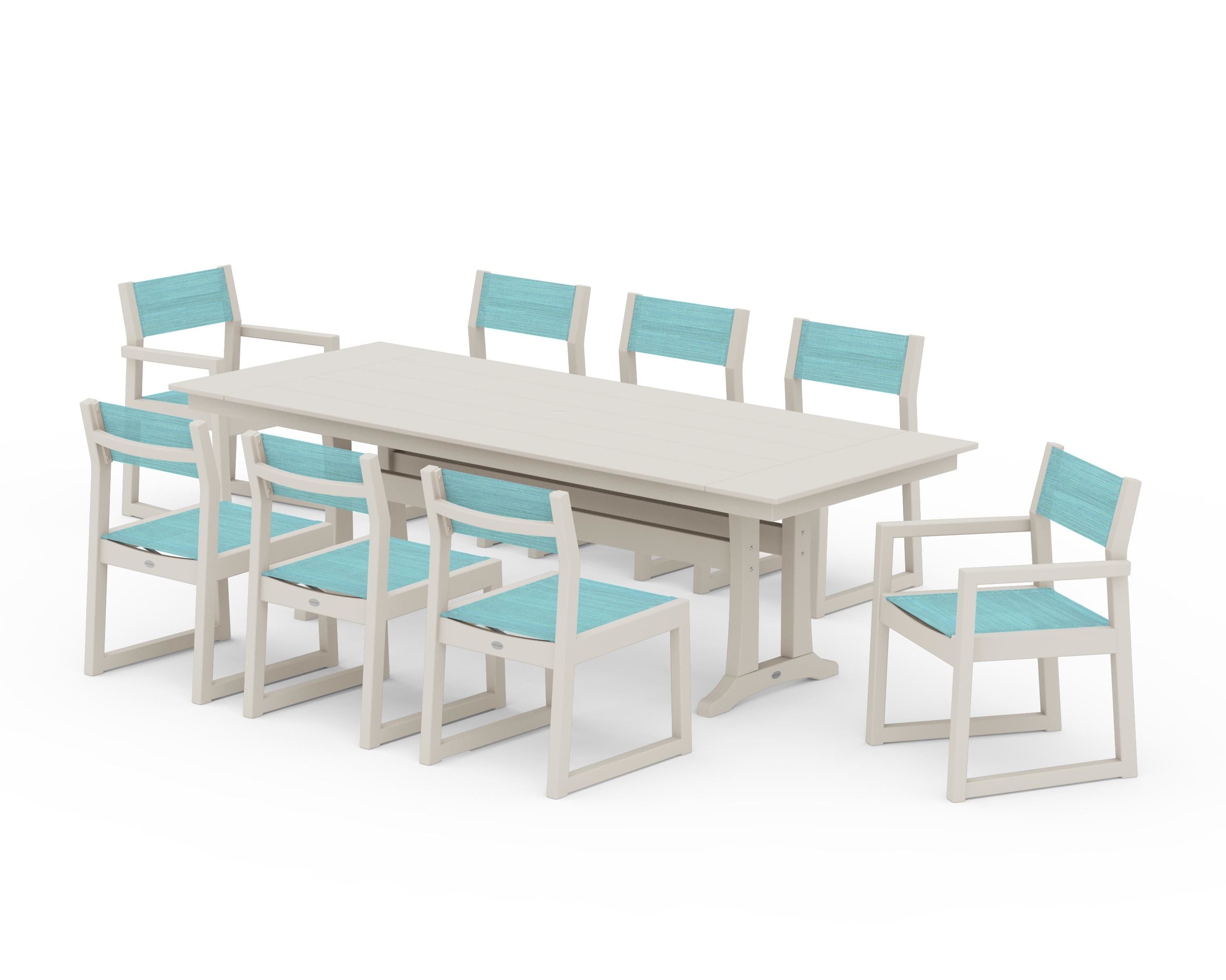 POLYWOOD EDGE Sling 9-Piece Farmhouse Trestle Dining Set in Sand / Dupioni Aquamarine Sling