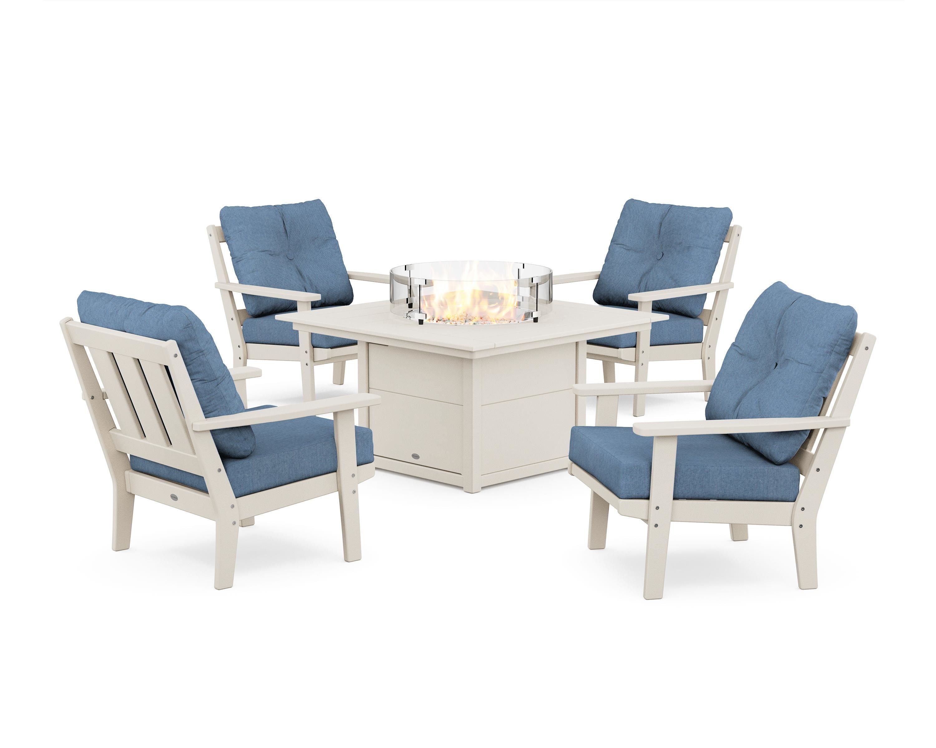 POLYWOOD Oxford 5-Piece Deep Seating Set with Fire Pit Table in Sand / Sky Blue