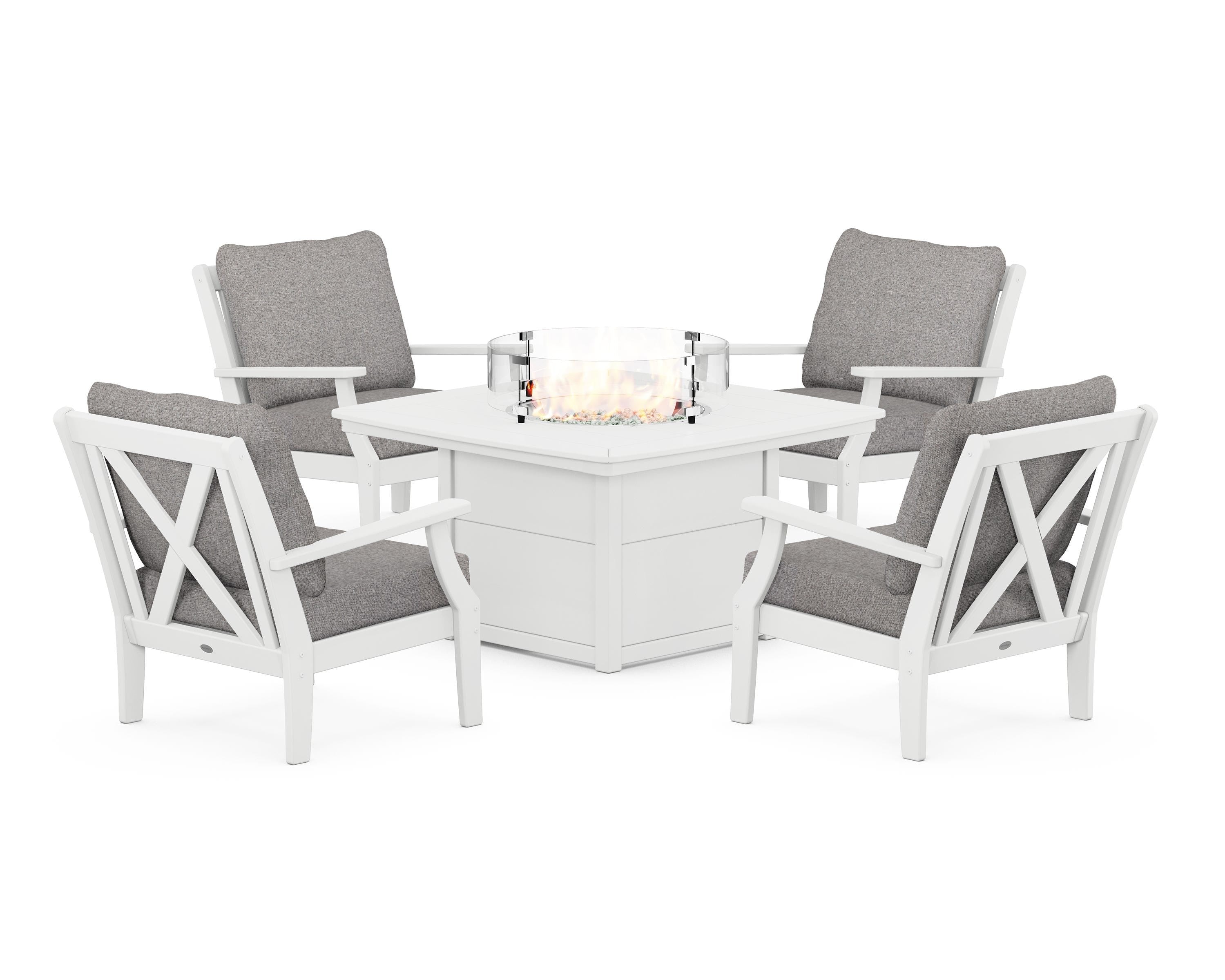 POLYWOOD Braxton 5-Piece Deep Seating Conversation Set with Fire Pit Table in White / Grey Mist