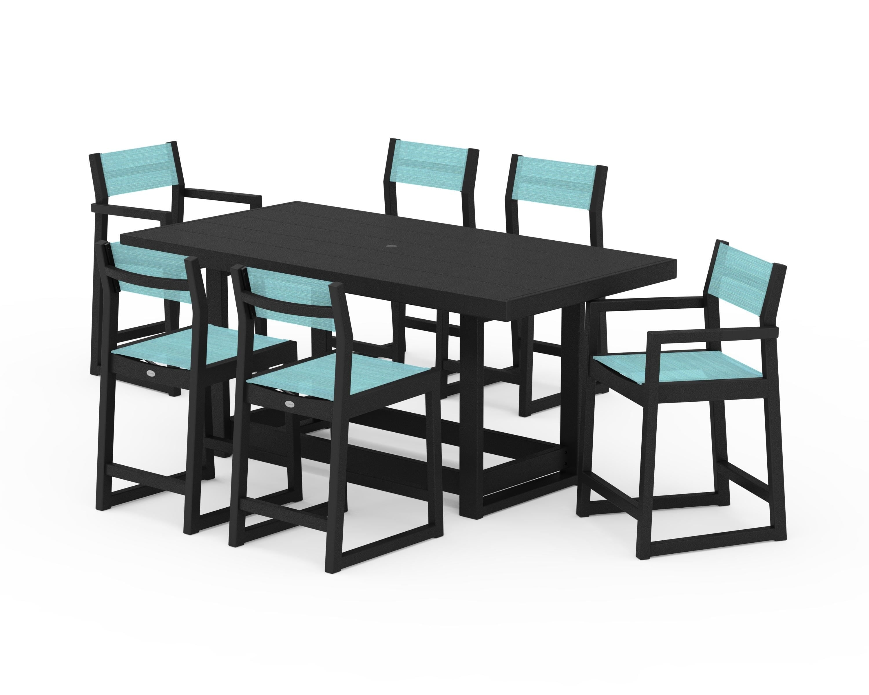 POLYWOOD EDGE Sling 7-Piece Counter Table Set in Black / Dupioni Aquamarine Sling