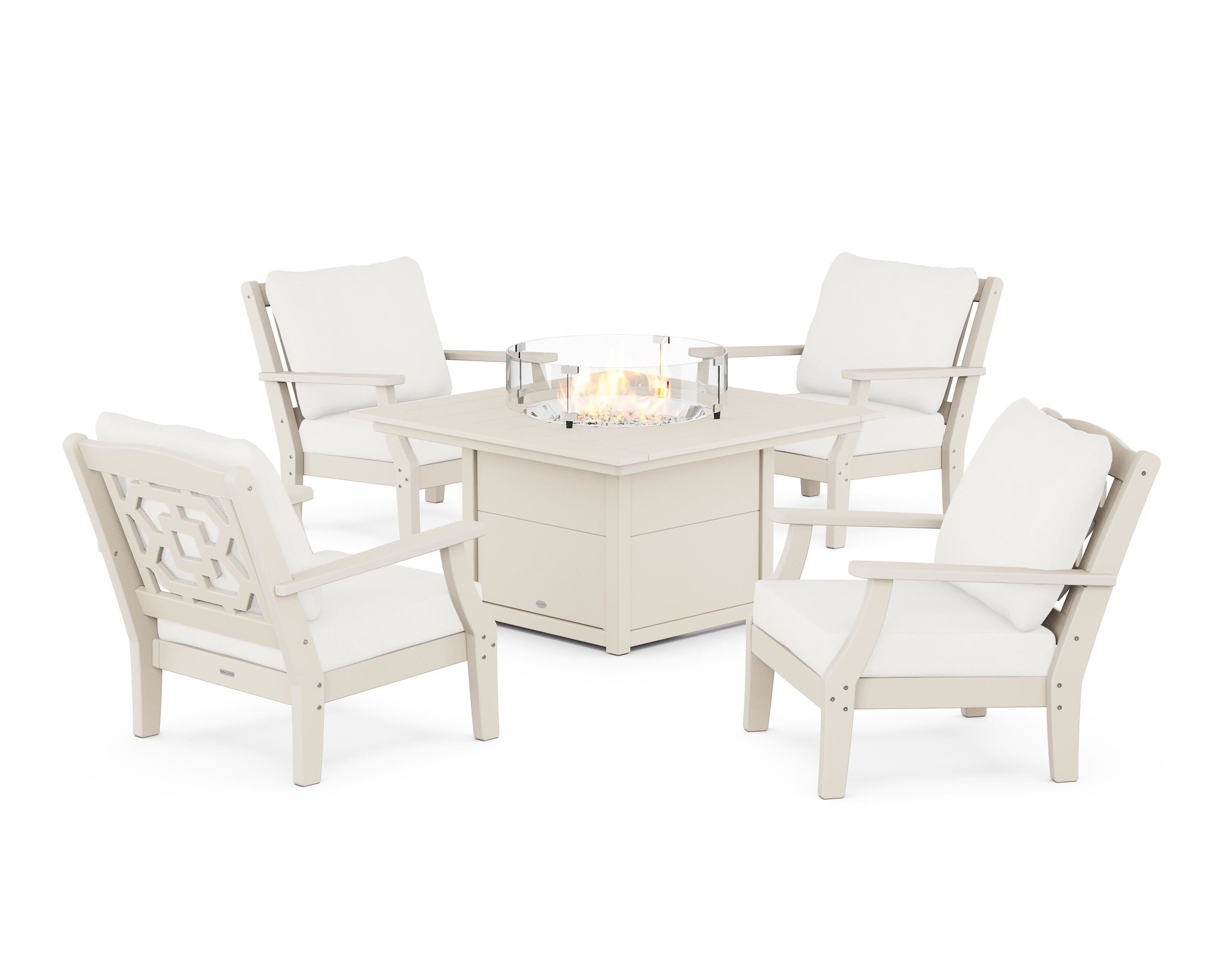 Martha Stewart by POLYWOOD Chinoiserie 5-Piece Deep Seating Set with Fire Pit Table in Sand / Natural Linen