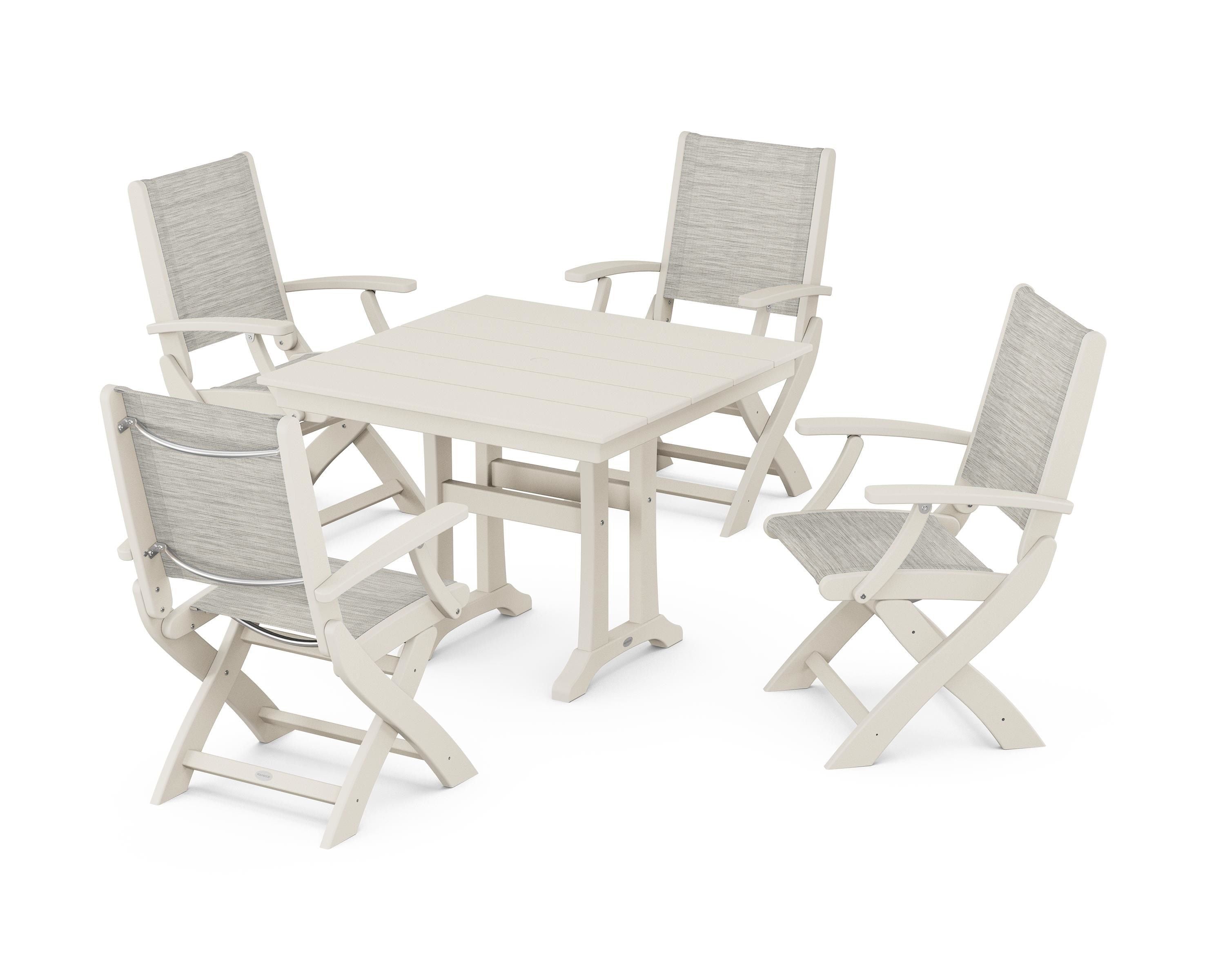 POLYWOOD Coastal Folding Chair 5-Piece Farmhouse Dining Set With Trestle Legs in Sand / Birch Sling