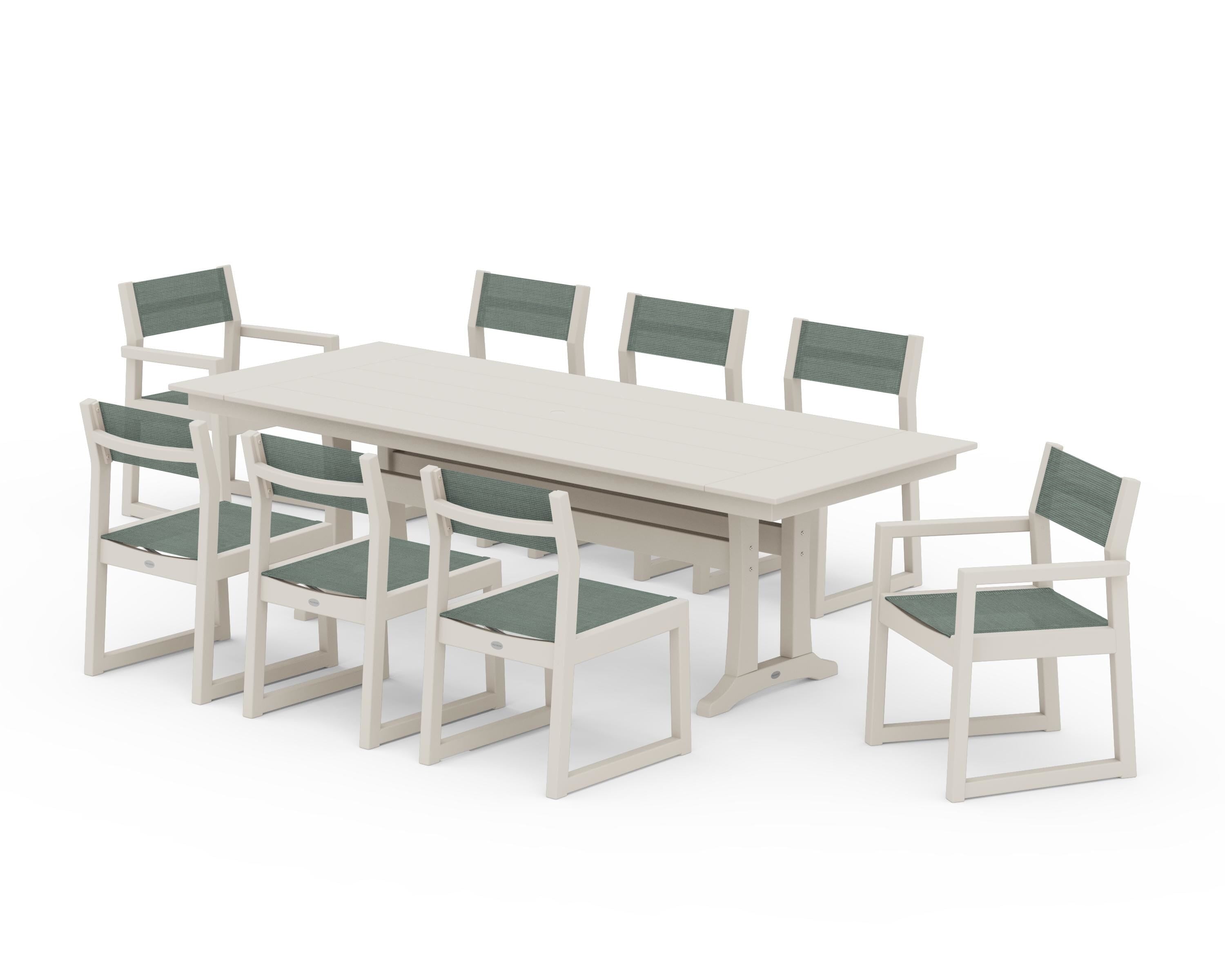 POLYWOOD EDGE Sling 9-Piece Farmhouse Trestle Dining Set in Sand / Dupioni Sea Mist Sling