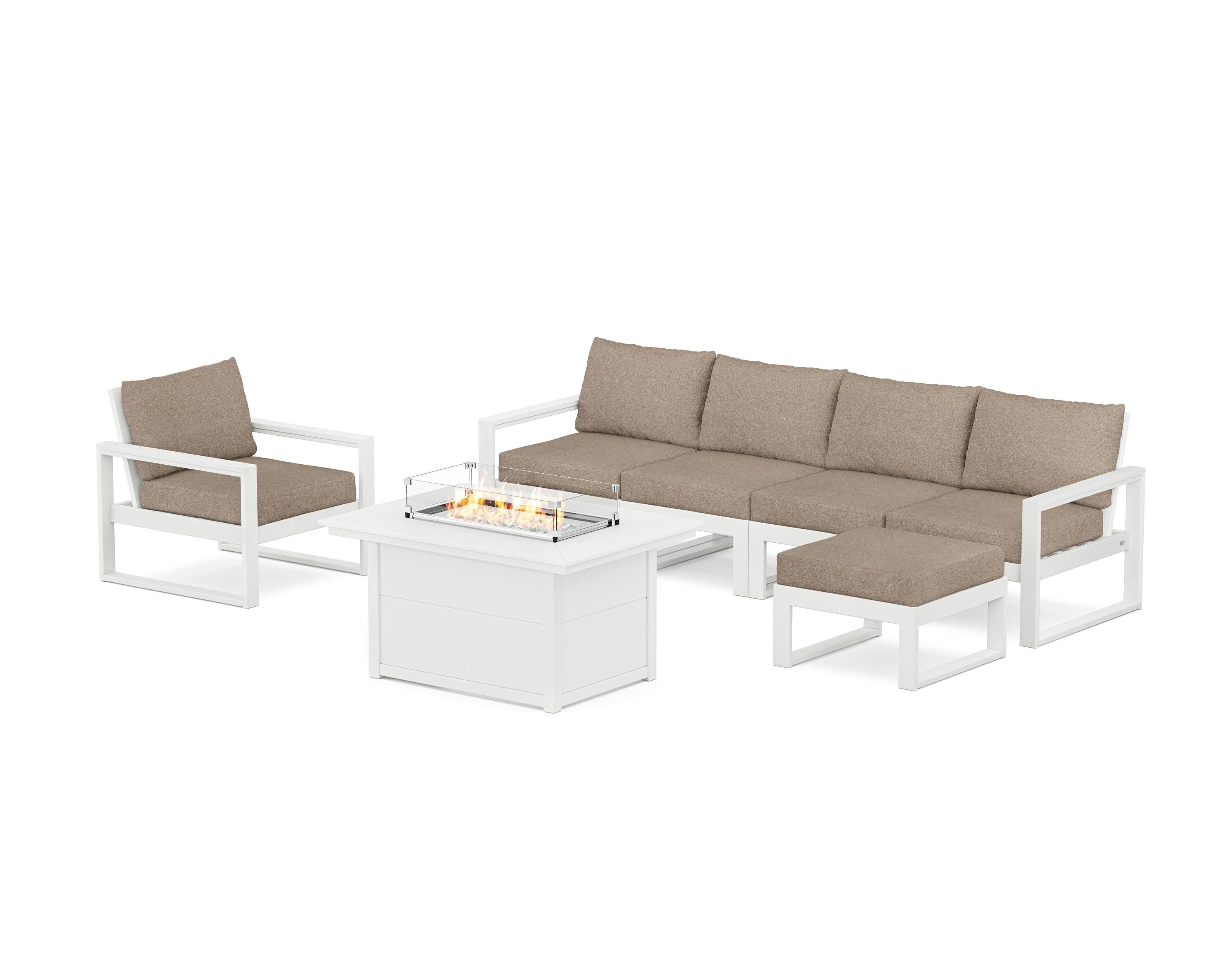 POLYWOOD EDGE Sectional Lounge and Fire Pit Set in White / Spiced Burlap