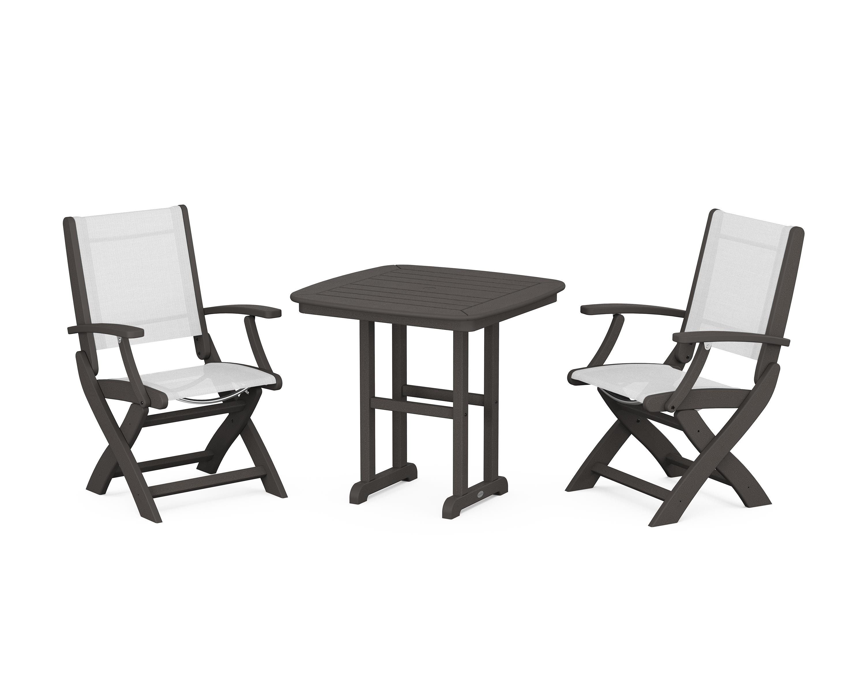 POLYWOOD Coastal Folding Chair 3-Piece Dining Set in Vintage Coffee / White Sling