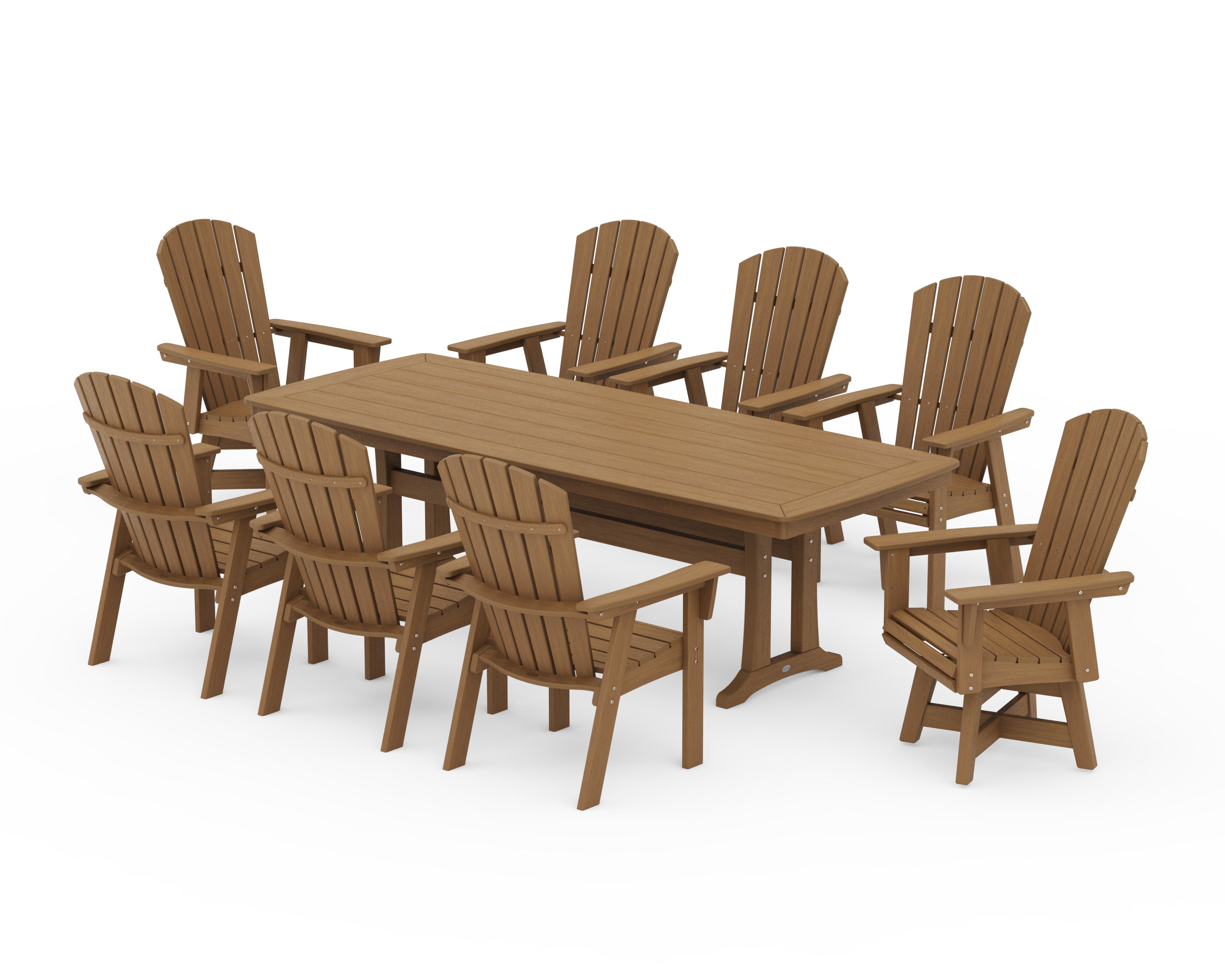 POLYWOOD Nautical Curveback Adirondack Swivel 9-Piece Dining Set with Trestle Legs in Natural
