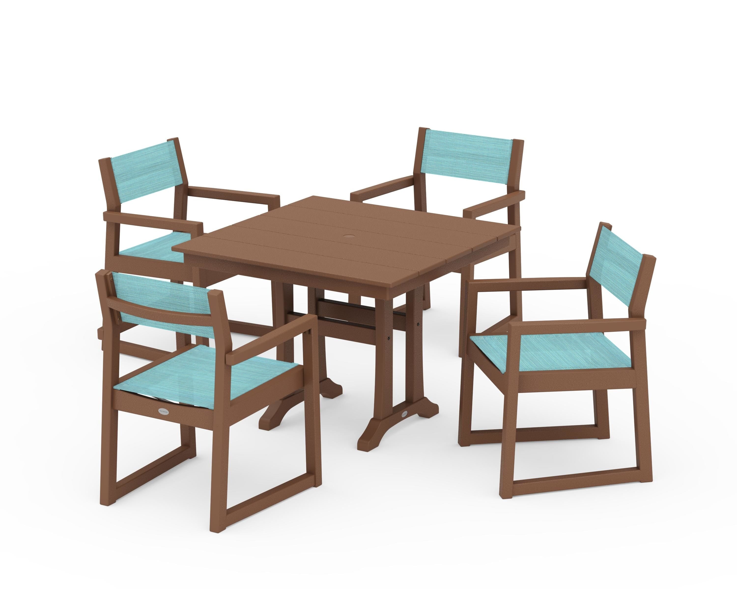 POLYWOOD EDGE Sling 5-Piece Farmhouse Dining Set with Trestle Legs in Teak / Dupioni Aquamarine Sling