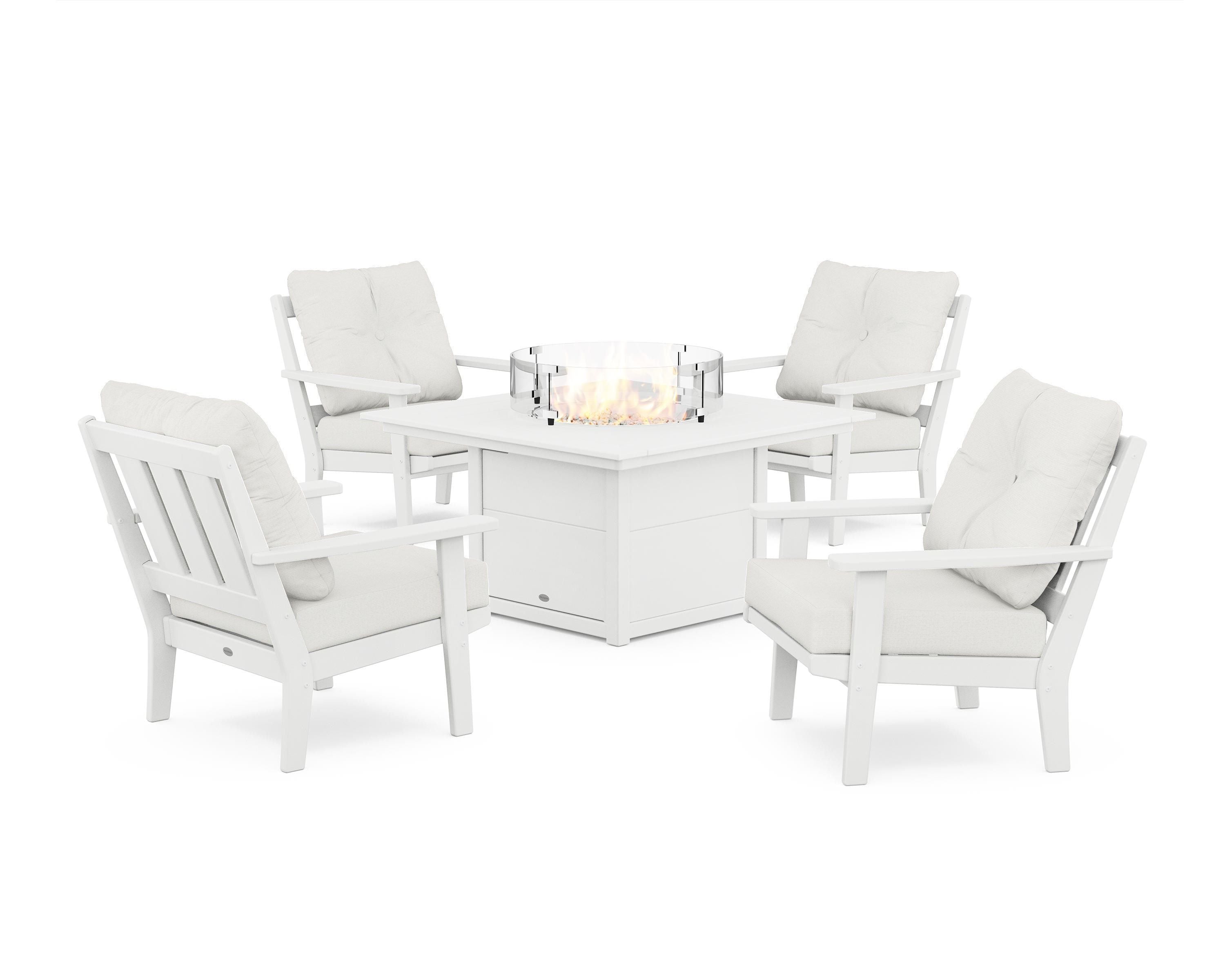 POLYWOOD Oxford 5-Piece Deep Seating Set with Fire Pit Table in White / Natural Linen