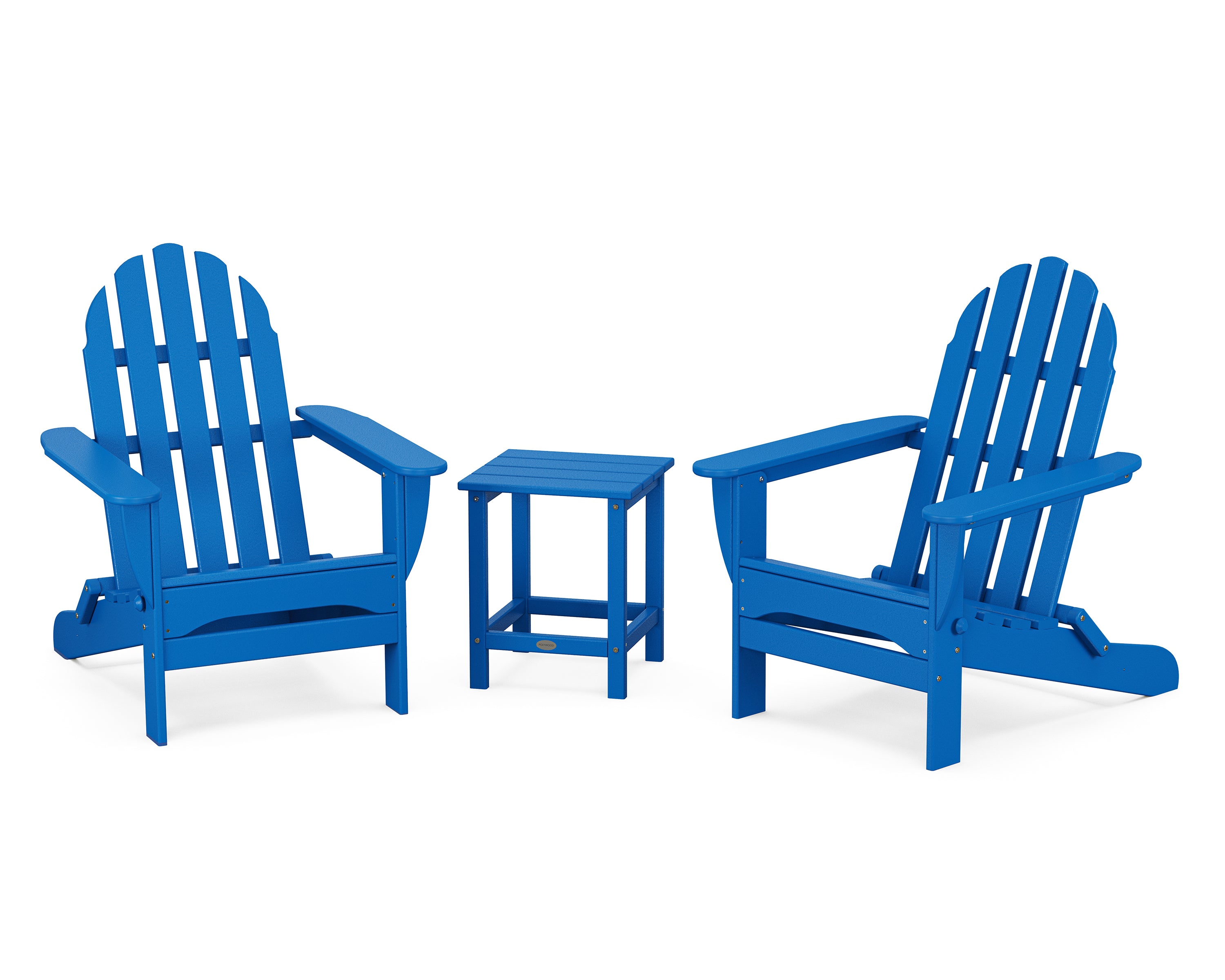 POLYWOOD Classic Folding Adirondack 3-Piece Set with Long Island 18" Side Table in Pacific Blue