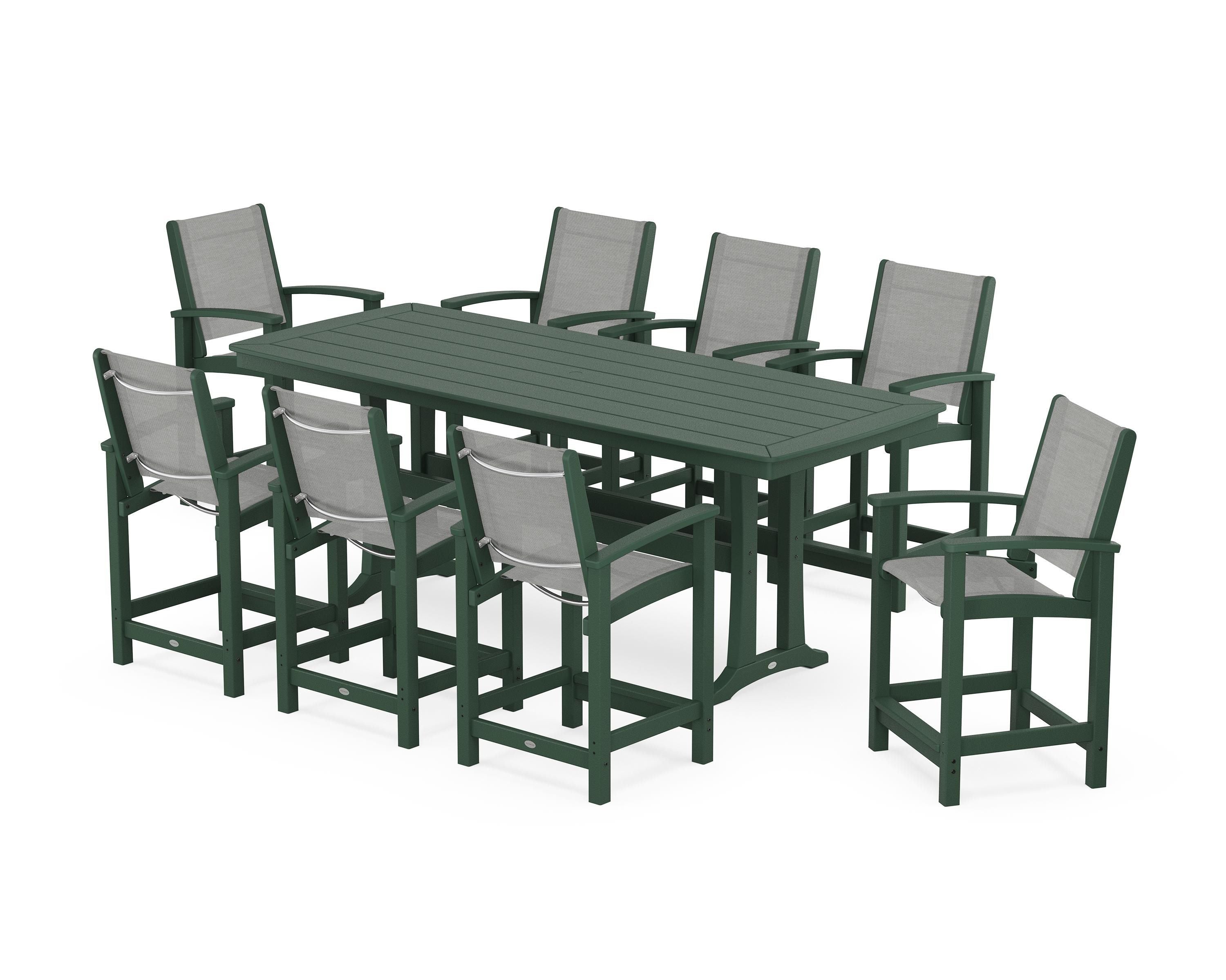 POLYWOOD Coastal 9-Piece Counter Set with Trestle Legs in Green / Metallic Sling