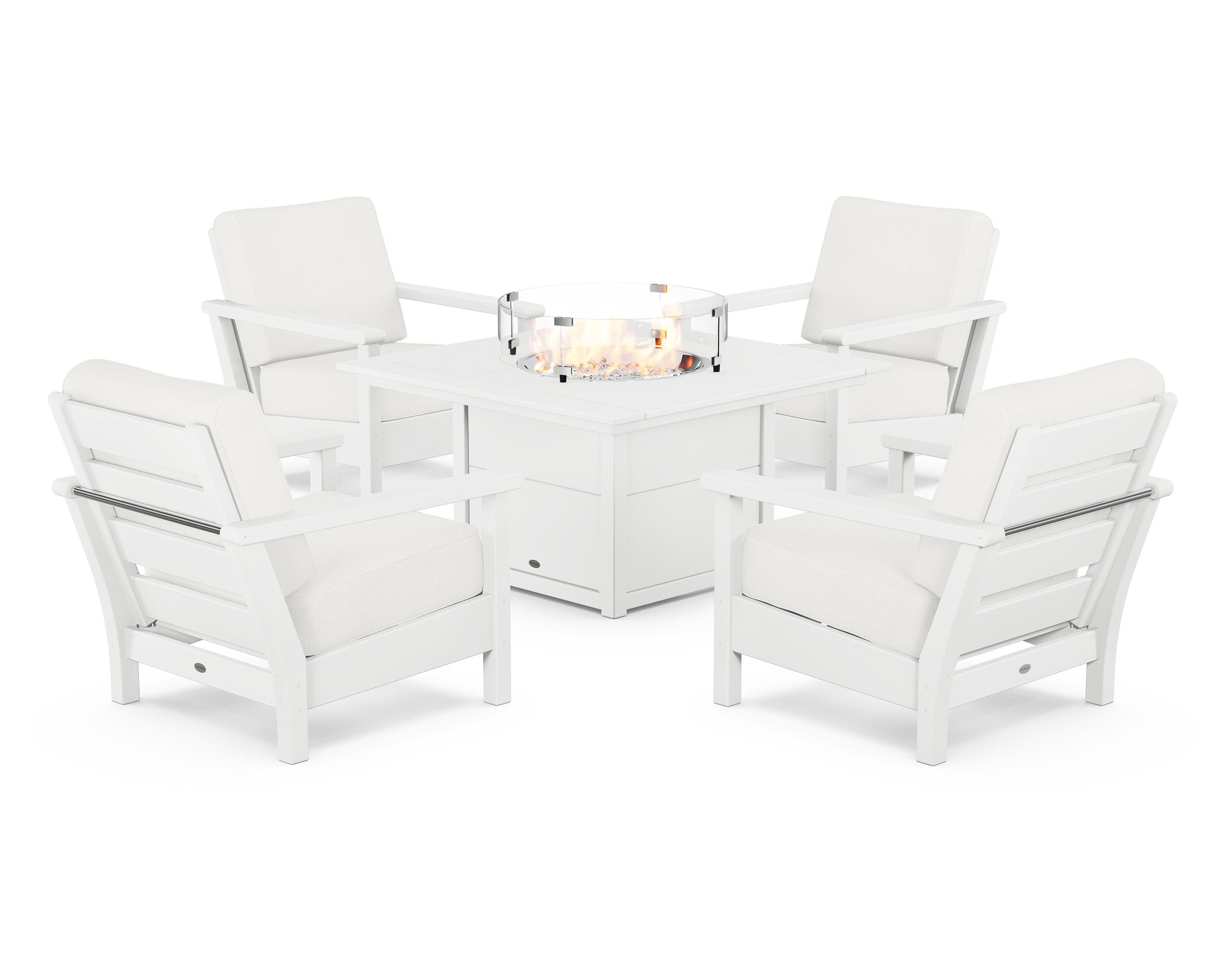 POLYWOOD Harbour 5-Piece Conversation Set with Fire Pit Table in White / Natural Linen