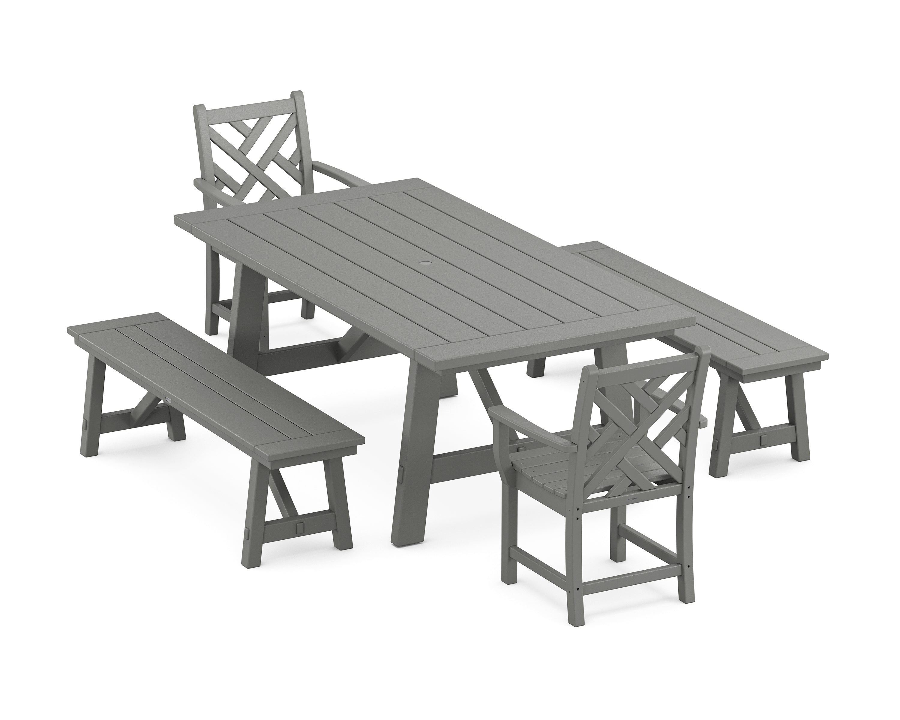 POLYWOOD Chippendale 5-Piece Rustic Farmhouse Dining Set With Benches in Slate Grey
