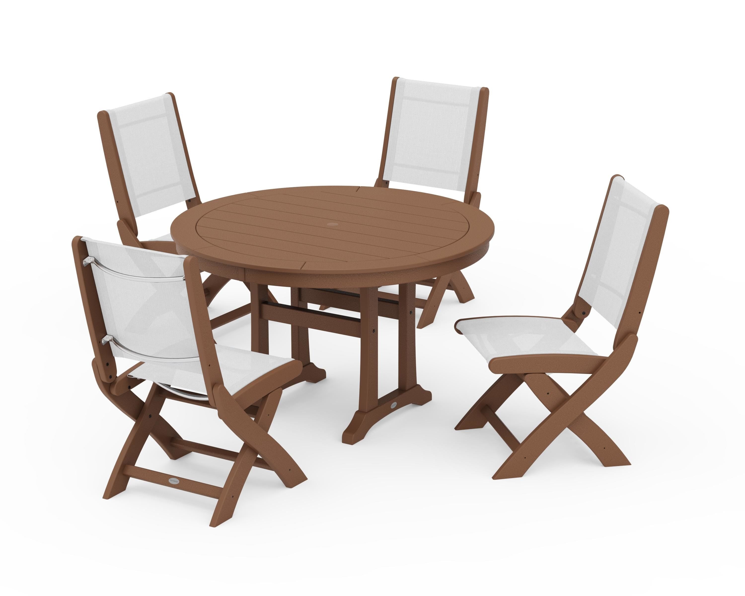 POLYWOOD Coastal Folding Side Chair 5-Piece Round Dining Set With Trestle Legs in Teak / White Sling