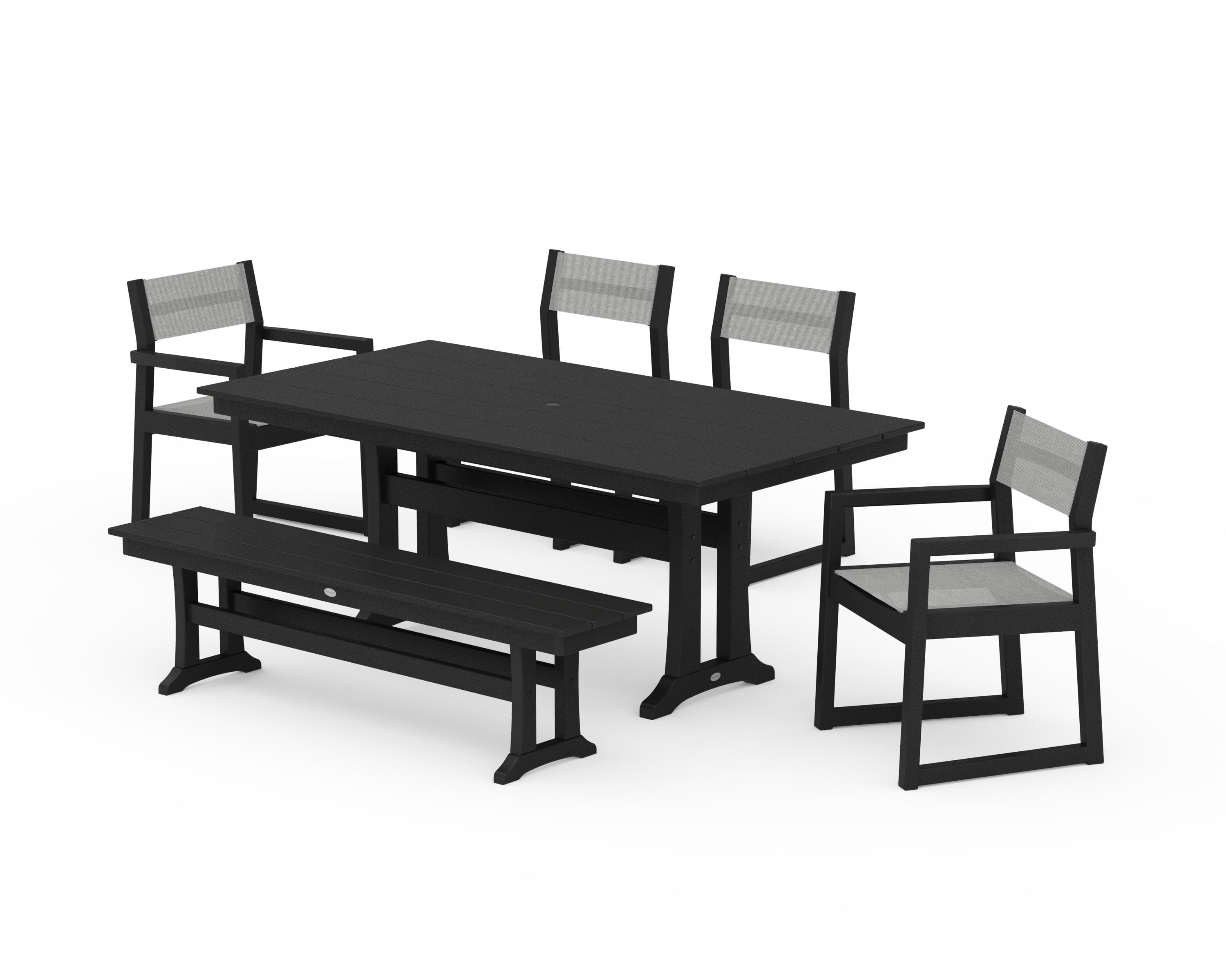 POLYWOOD EDGE Sling 6-Piece Farmhouse Dining Set With Trestle Legs in Black / Metallic Sling